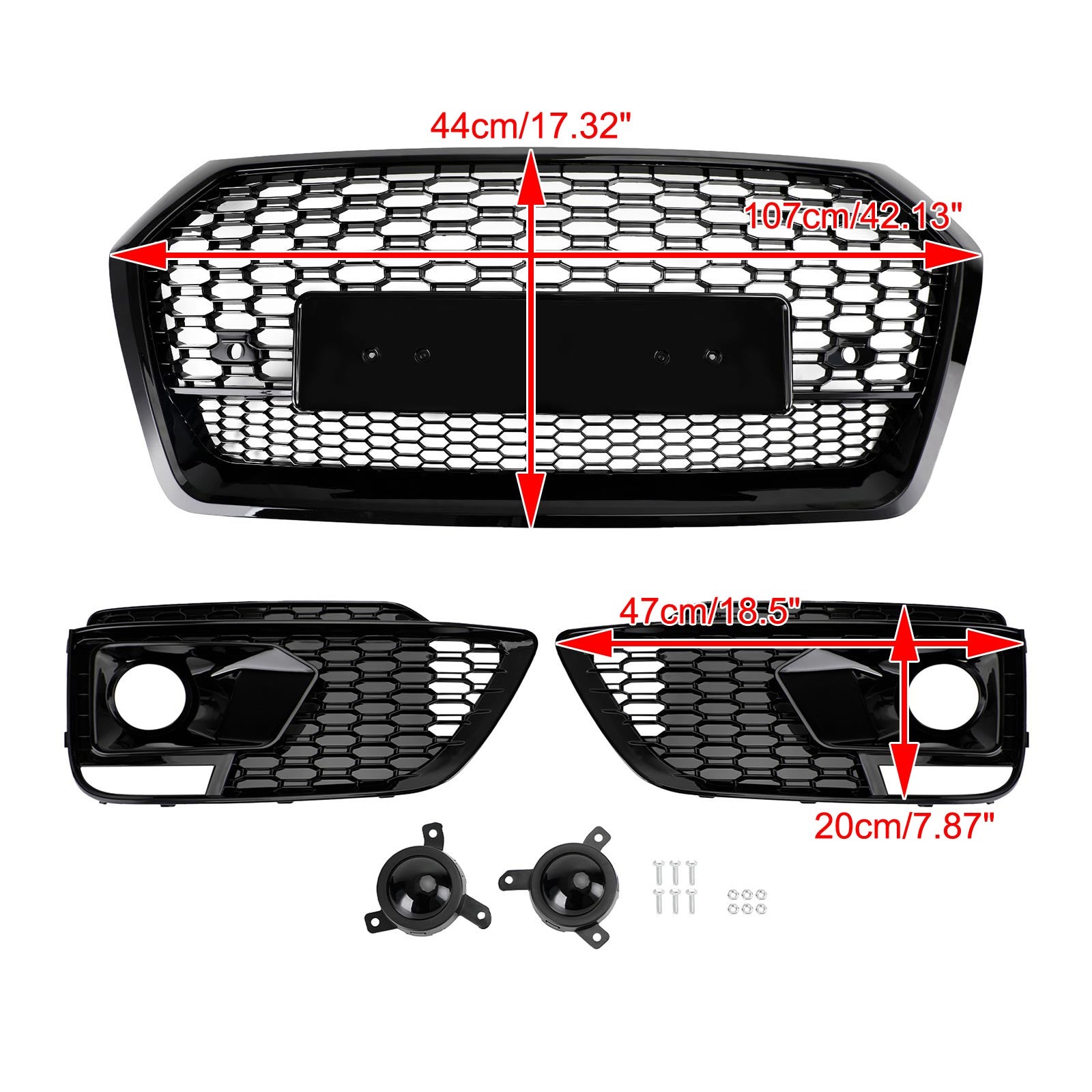 RSQ5 Front Honeycomb Mesh Grill + Fog Lamp Grille Fit Audi Q5 SQ5 2018-2020
