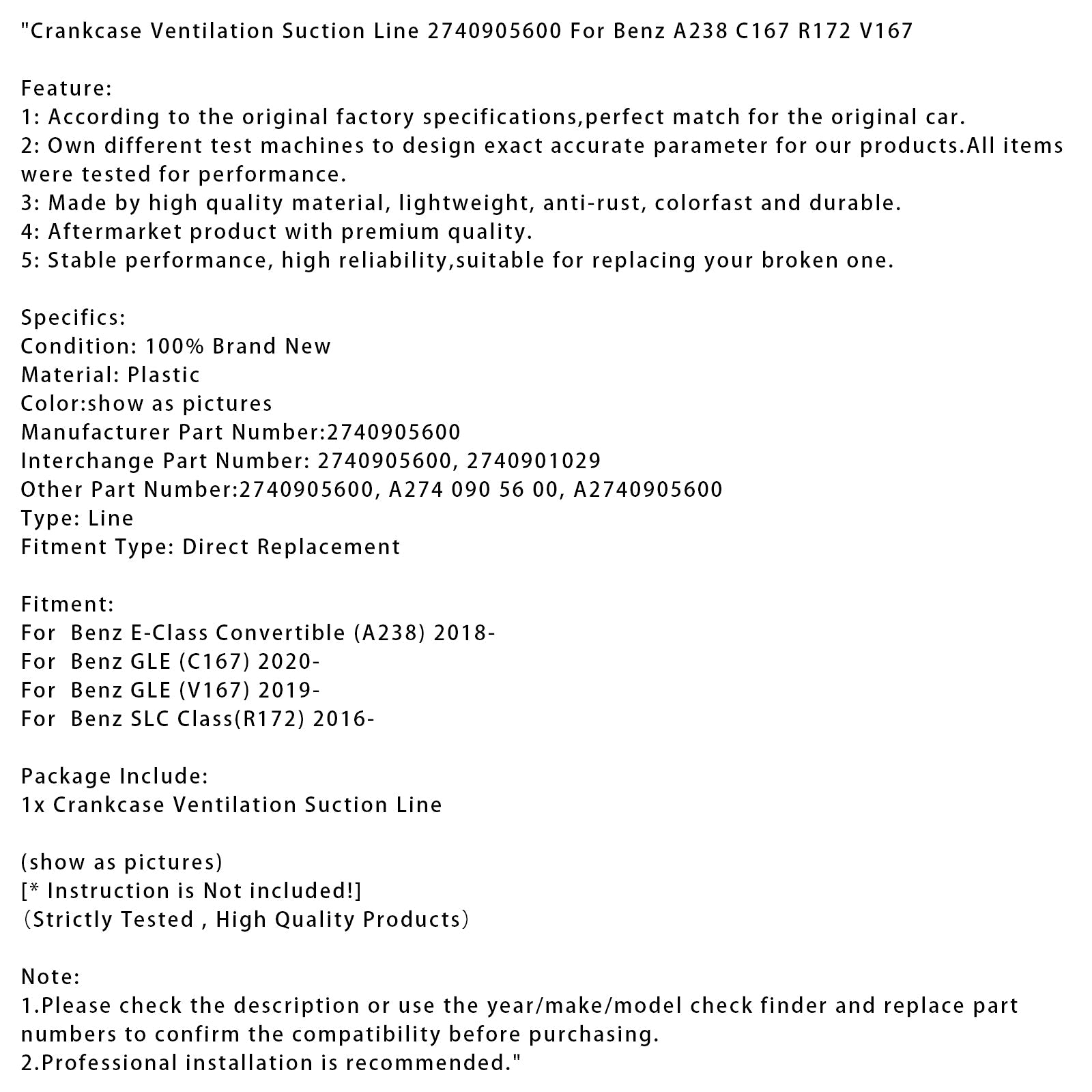 2016-on Benz SLC Class(R172) Crankcase Ventilation Suction Line 2740905600