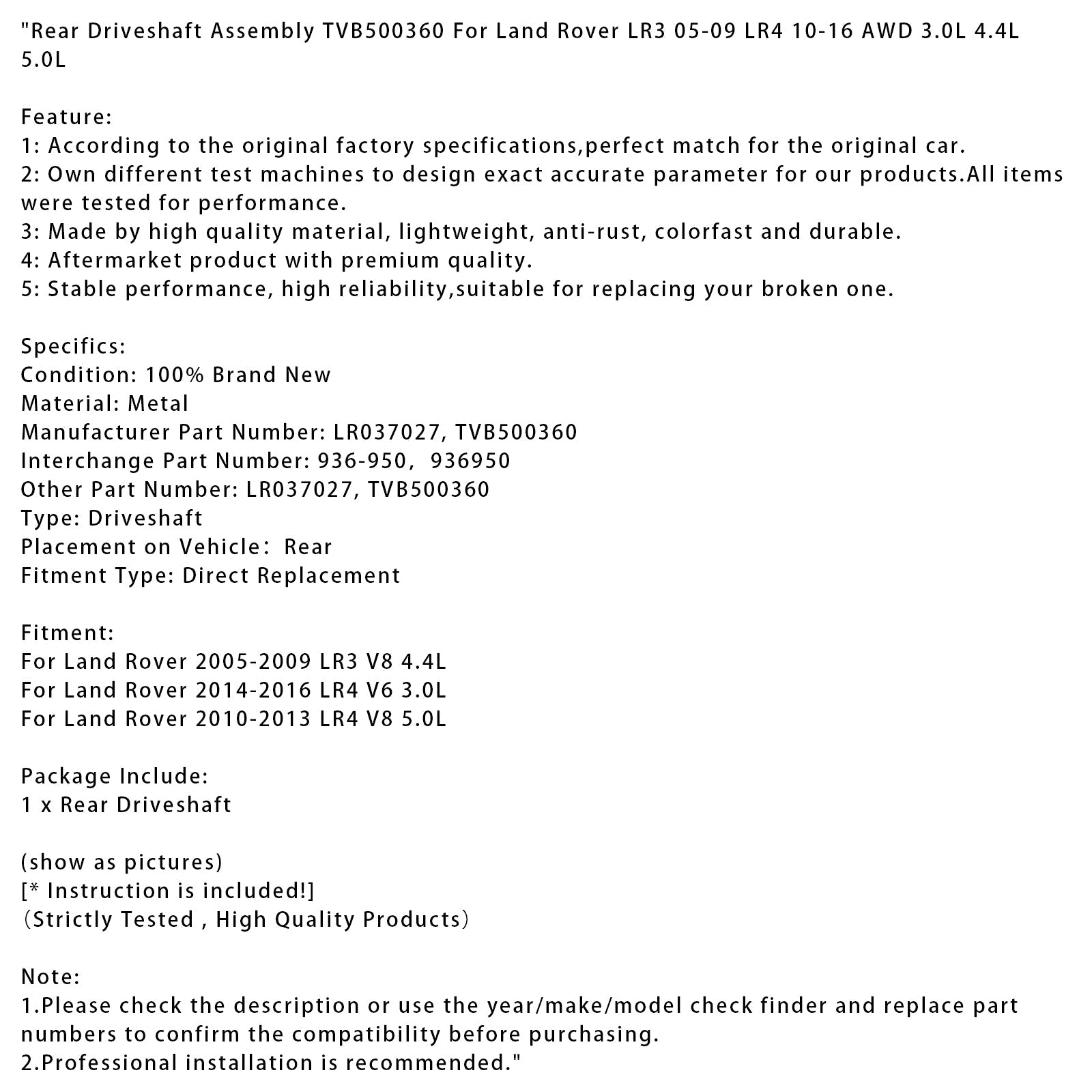 2014-2016 Land Rover LR4 V6 3.0L Rear Driveshaft TVB500360