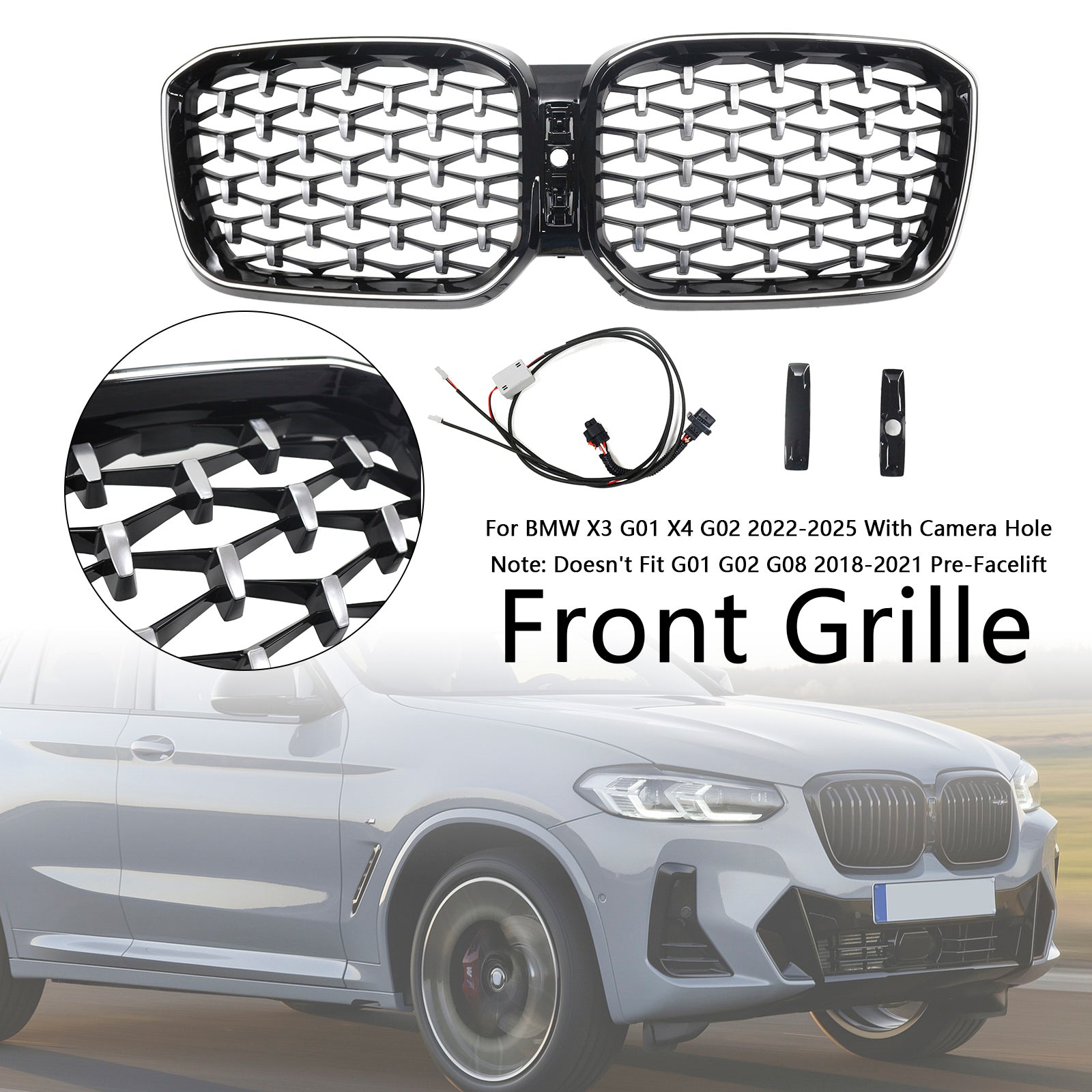 Diamond Front Bumper Kidney Grille Fit BMW X3 G01 X4 G02 2022-2025 Chorme