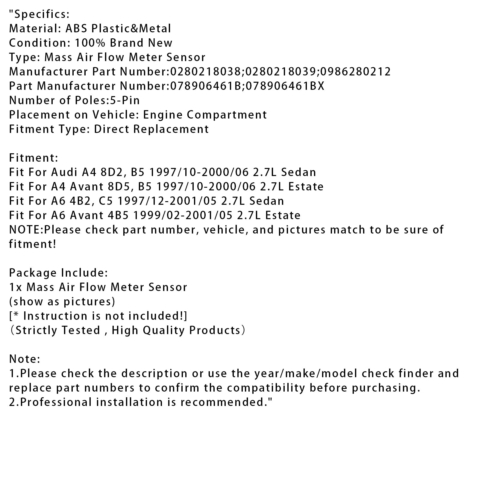 Mass Air Flow Meter Sensor For Audi A4 8D2 B5 A6 4B2 C5 2.7L 078906461B