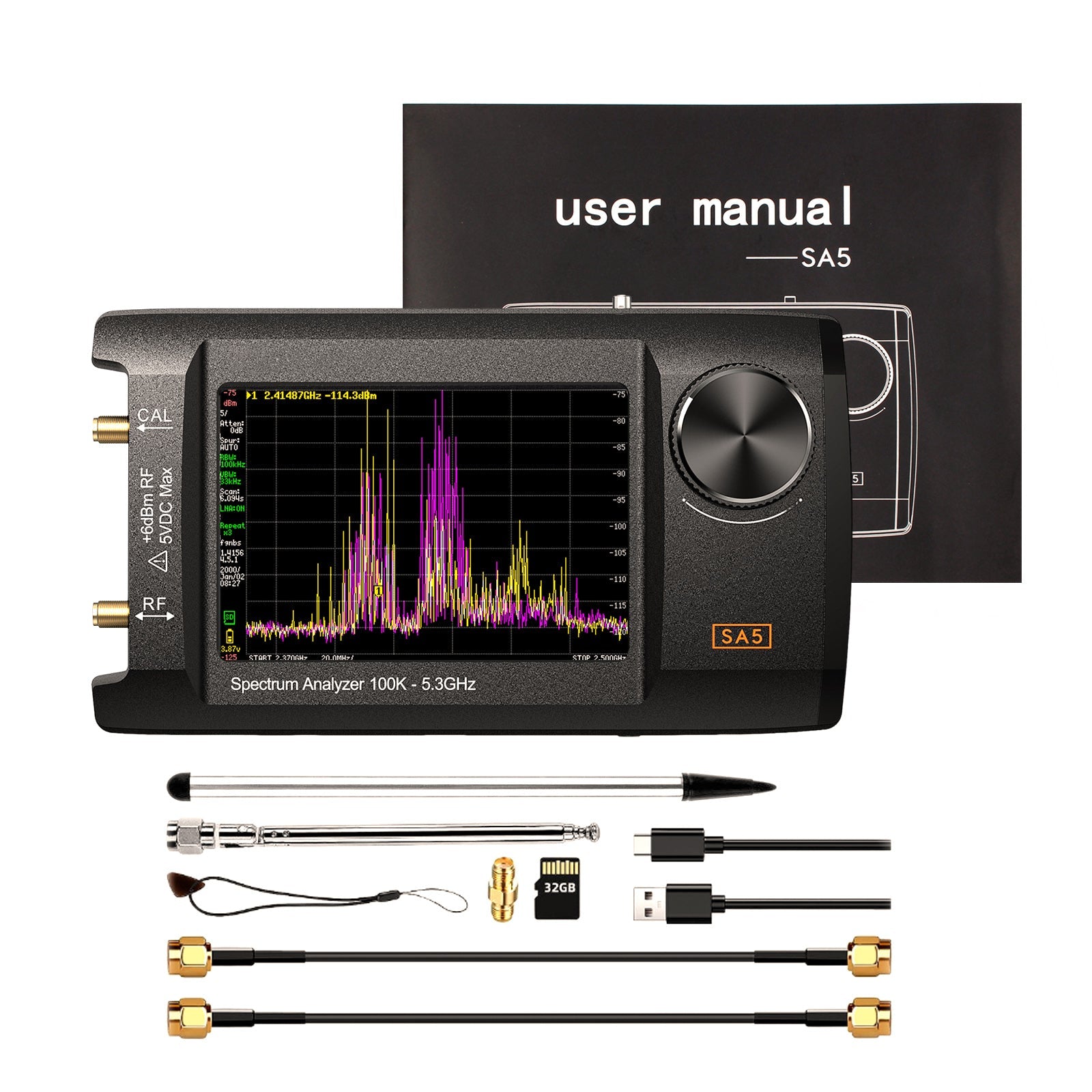 4" IPS LCD SA5 Multifunctionl Spectrum Analyzer 100k-5.3GHz Signal Generator