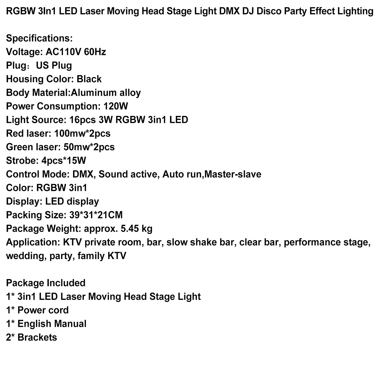 RGBW 3In1 LED Laser Moving Head Stage Light DMX DJ Disco Party Effect Lighting
