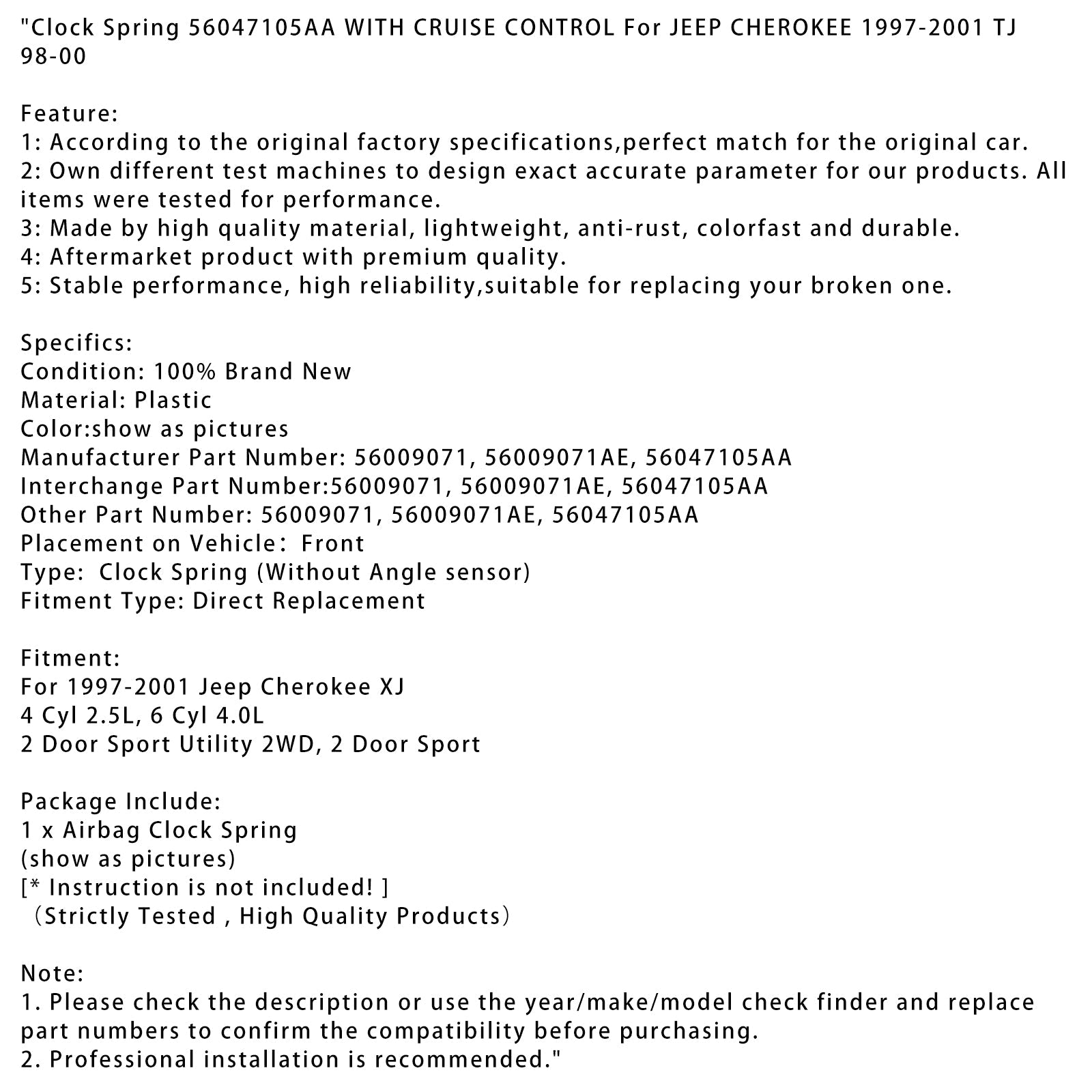 Clock Spring 56047105AA WITH CRUISE CONTROL For JEEP CHEROKEE 1997-2001 TJ 98-00