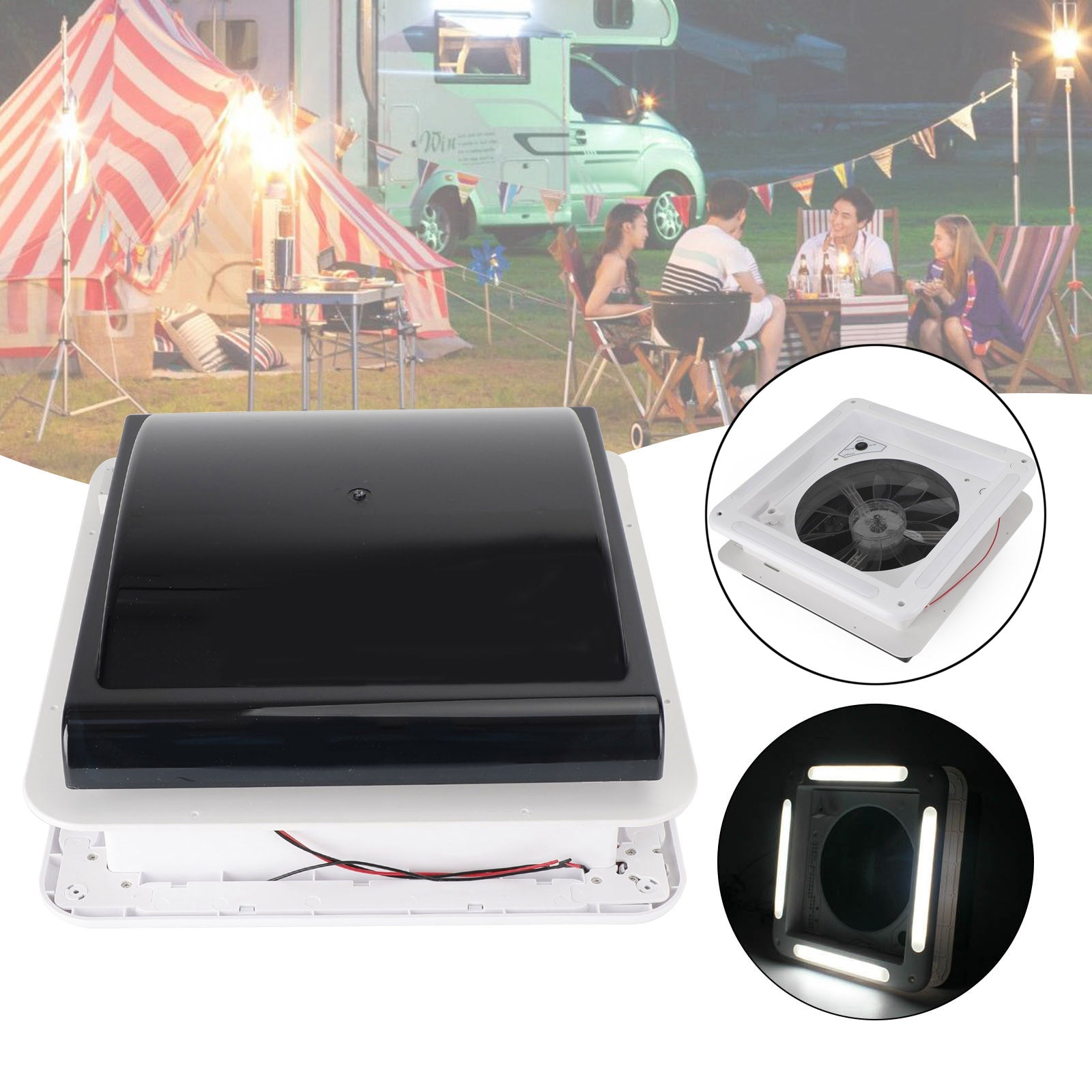 14" RV Caravan Roof Vent Manual RV Camper Fan 12V Skylight With LED Light
