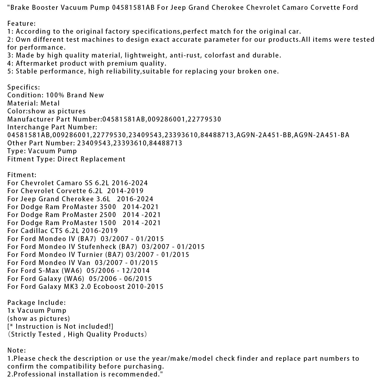 2010-2015 Ford Galaxy MK3 2.0 Ecoboost  Brake Booster Vacuum Pump 04581581AB 84488713