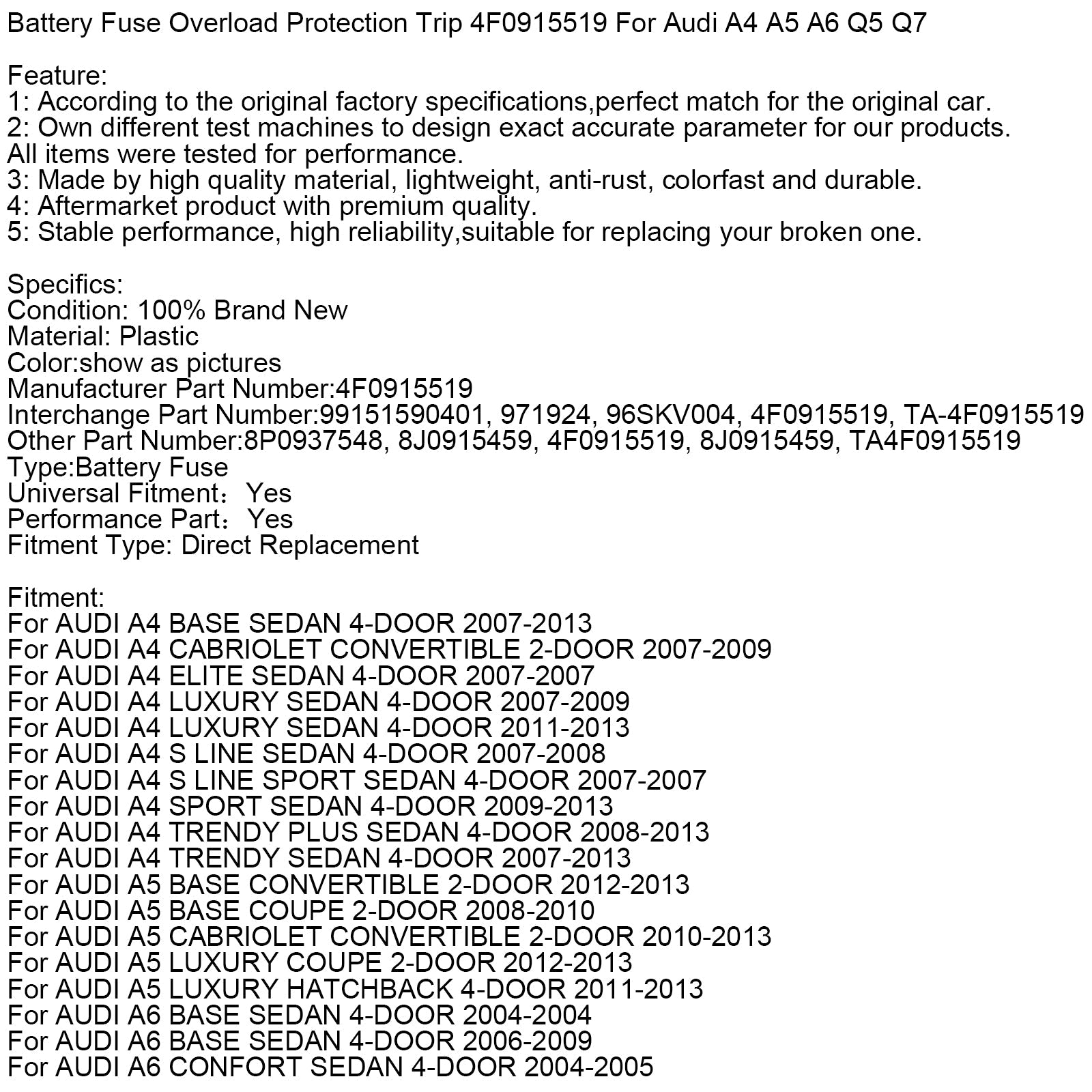 Battery Fuse Overload Protection Trip 4F0915519 For Audi A4 A5 A6 Q5 Q7