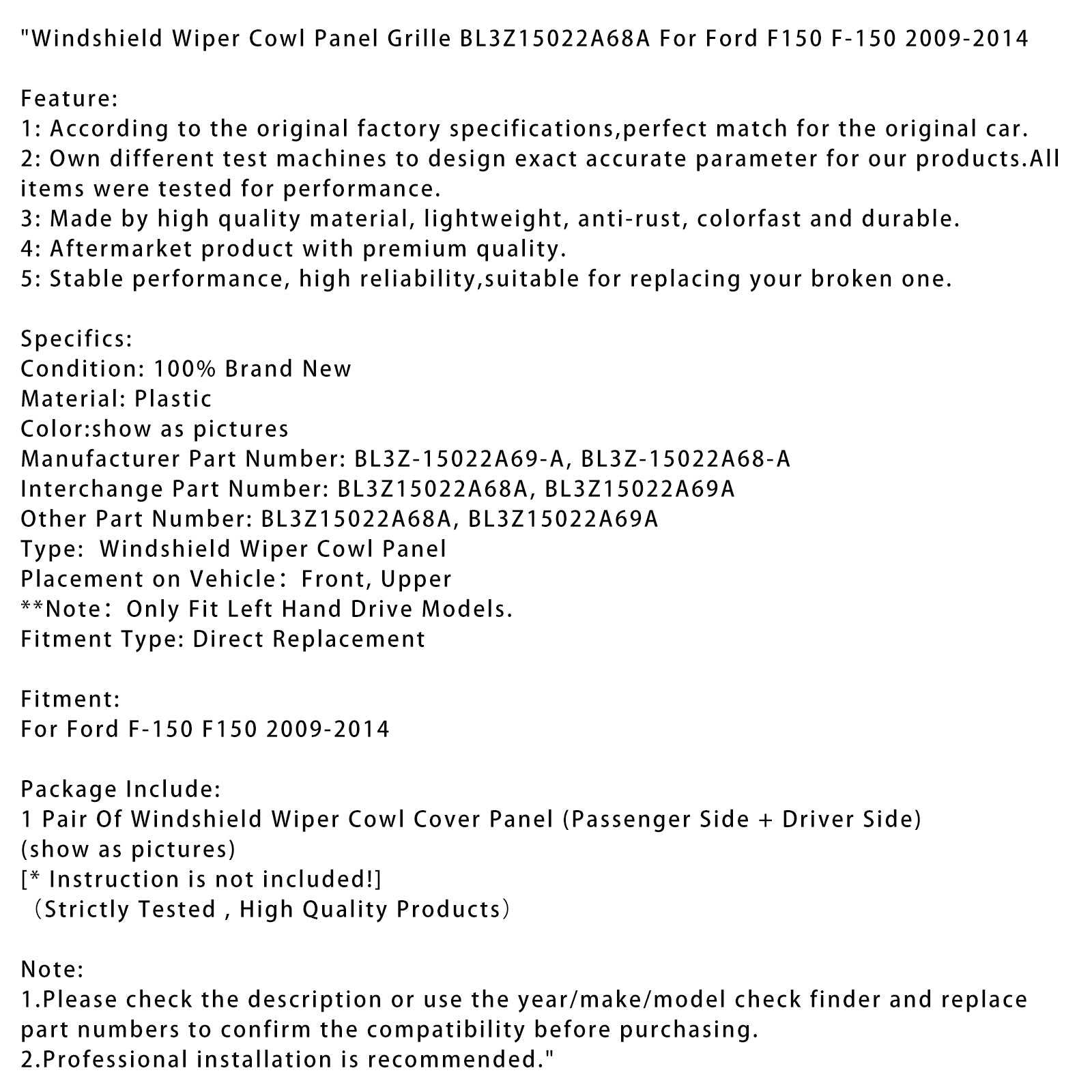 2009-2014 Ford F150 F-150 Windshield Wiper Cowl Panel Grille BL3Z15022A68A