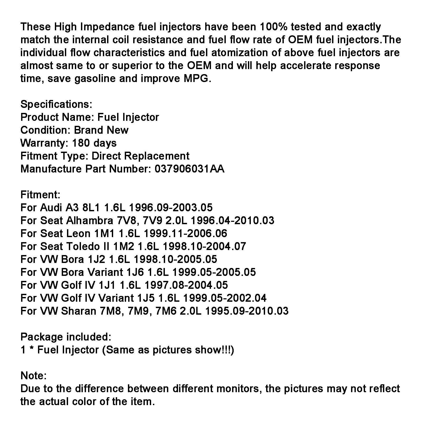 1PCS Fuel Injector 037906031AA Fit Audi A3 1.6L 1996-2003 Fit Seat Fit VW