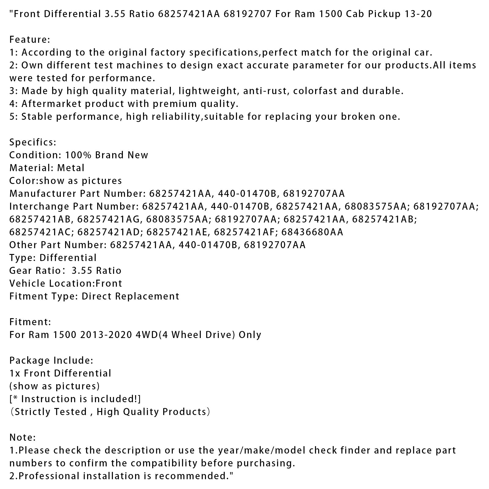 2013-2020 Ram 1500 Cab Pickup Front Differential 3.55 Ratio 68257421AA 68192707