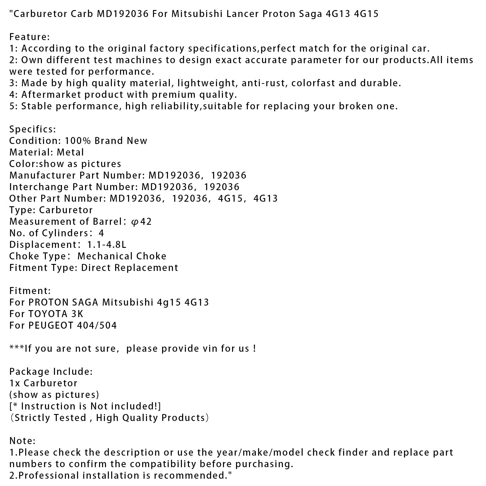 PROTON SAGA Mitsubishi Carburetor Carb MD192036 4G13 4G15