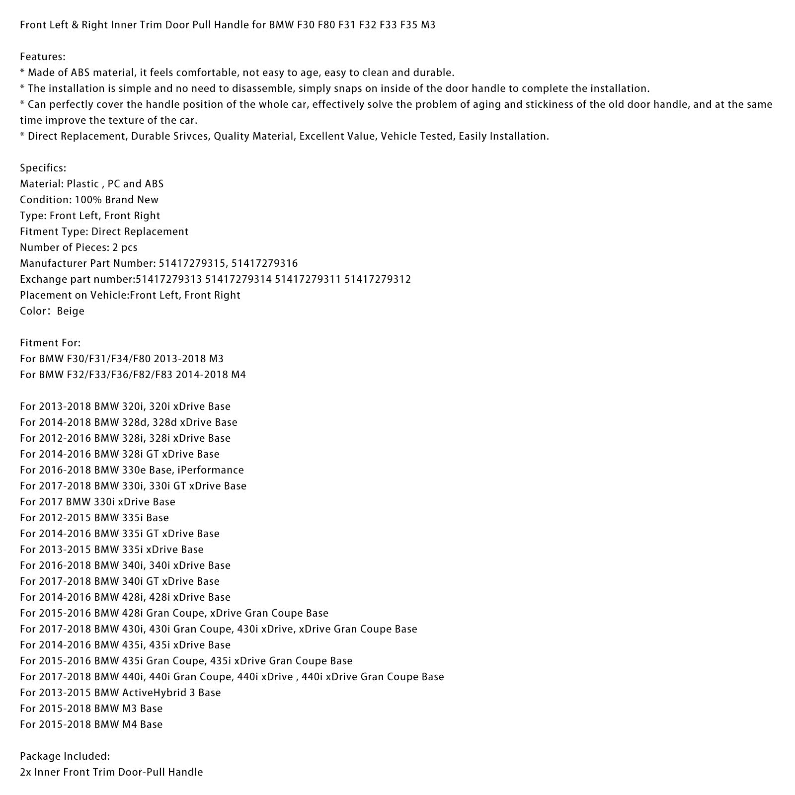 Left Right Beige Inner Trim Door Pull Handle Set For BMW F30 F80 F31 F32 F33 F35