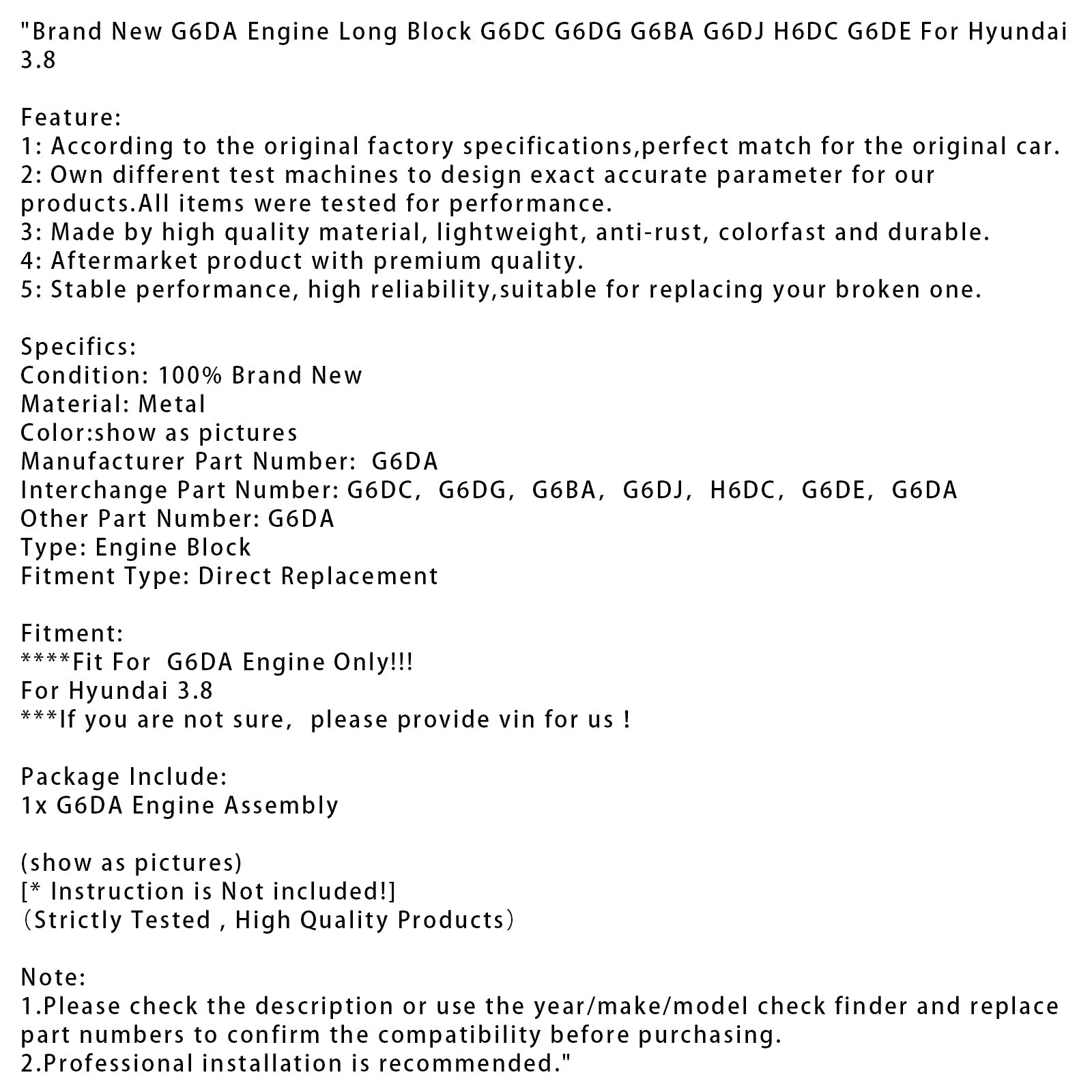 Brand New G6DA Engine Long Block G6DC G6DG G6BA G6DJ H6DC G6DE For Hyundai 3.8