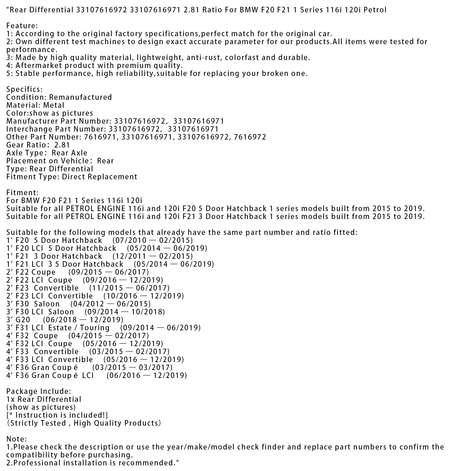 09/2014-10/2018BMW 1 Series F30 LCI Saloon Rear Differential 33107616972 33107616971 2.81 Ratio