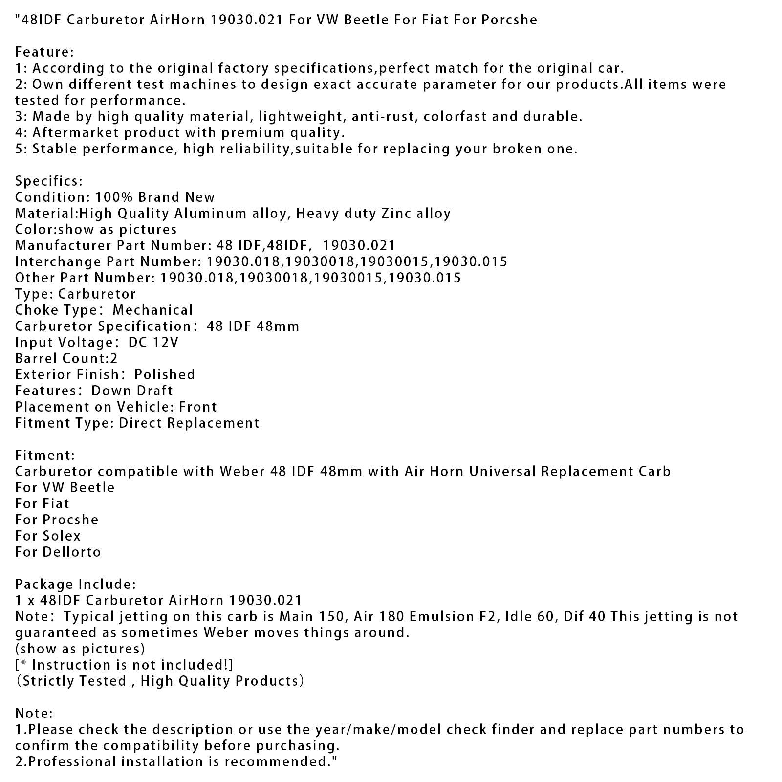 48IDF Carburetor AirHorn 19030.021 For VW Beetle For Fiat For Porcshe