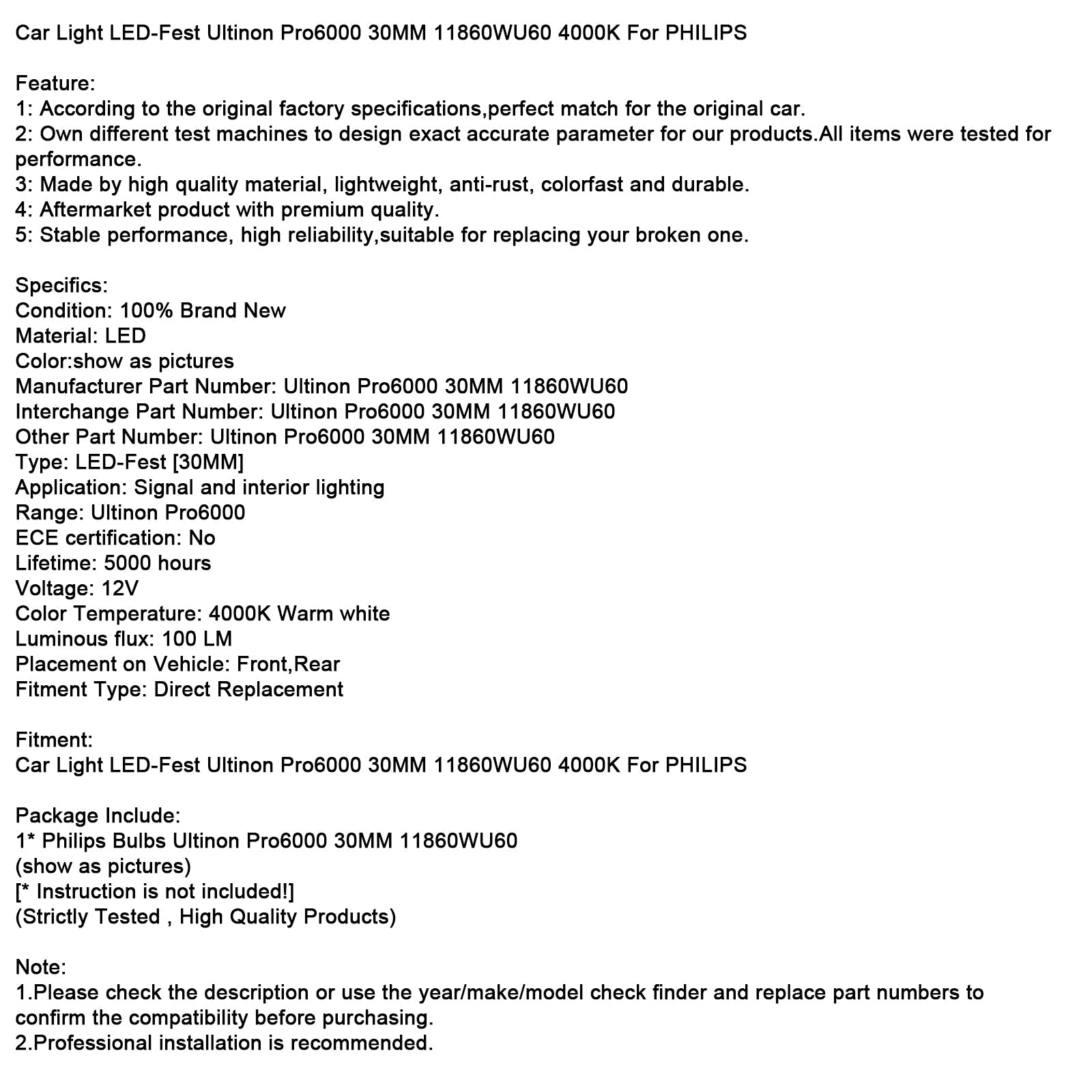 Car Light LED-Fest Ultinon Pro6000 30MM 11860WU60 4000K For PHILIPS