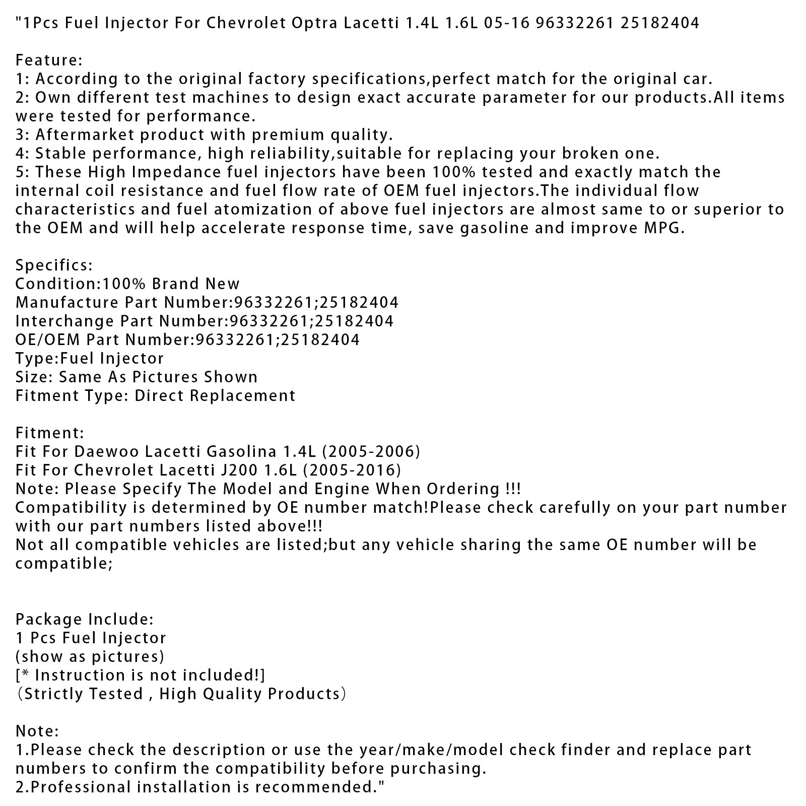 1Pcs Fuel Injector For Chevrolet Optra Lacetti 1.4L 1.6L 05-16 96332261 25182404