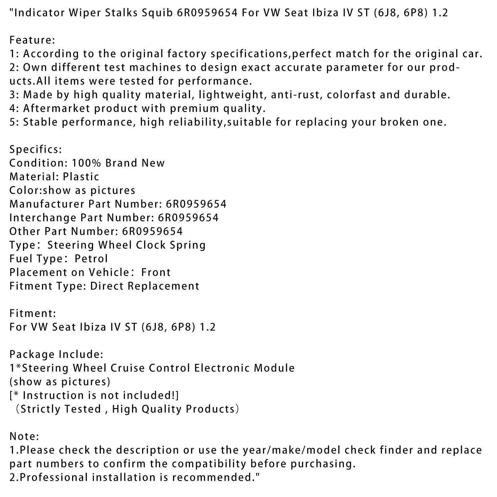 6P8) 1.2 Indicator Wiper Stalks Squib 6R0959654 For VW Seat Ibiza IV ST (6J8