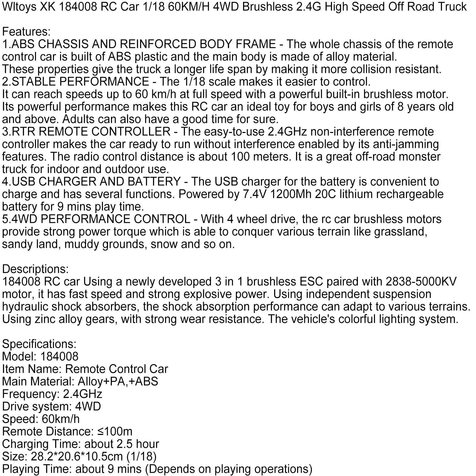 Wltoys XK 184008 RC Car 1/18 60KM/H 4WD Brushless 2.4G High Speed Off Road Truck