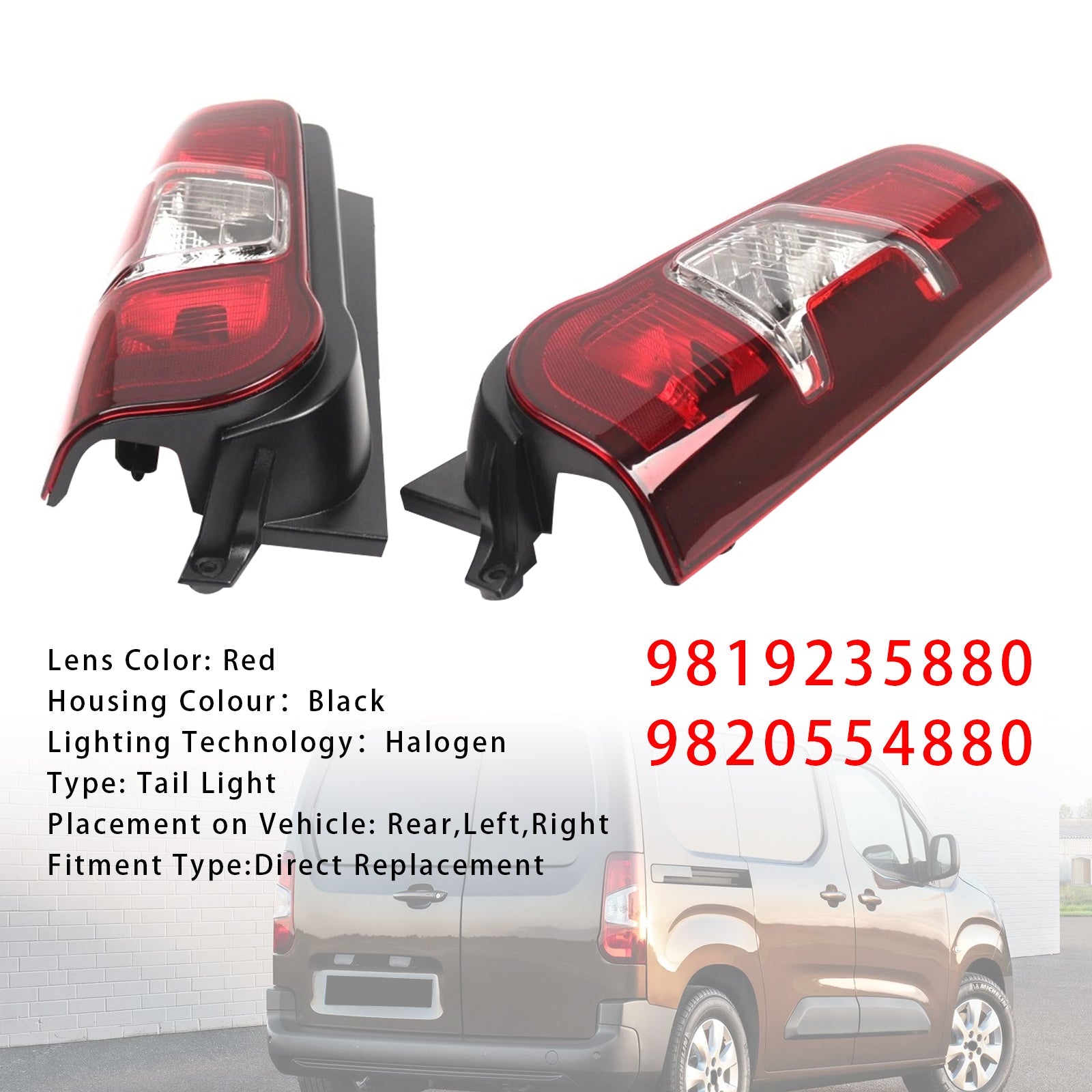 2018-2023 Peugeot Partner Left+Right Side Rear Tail Light Back Lamp 9819235880 9820554880