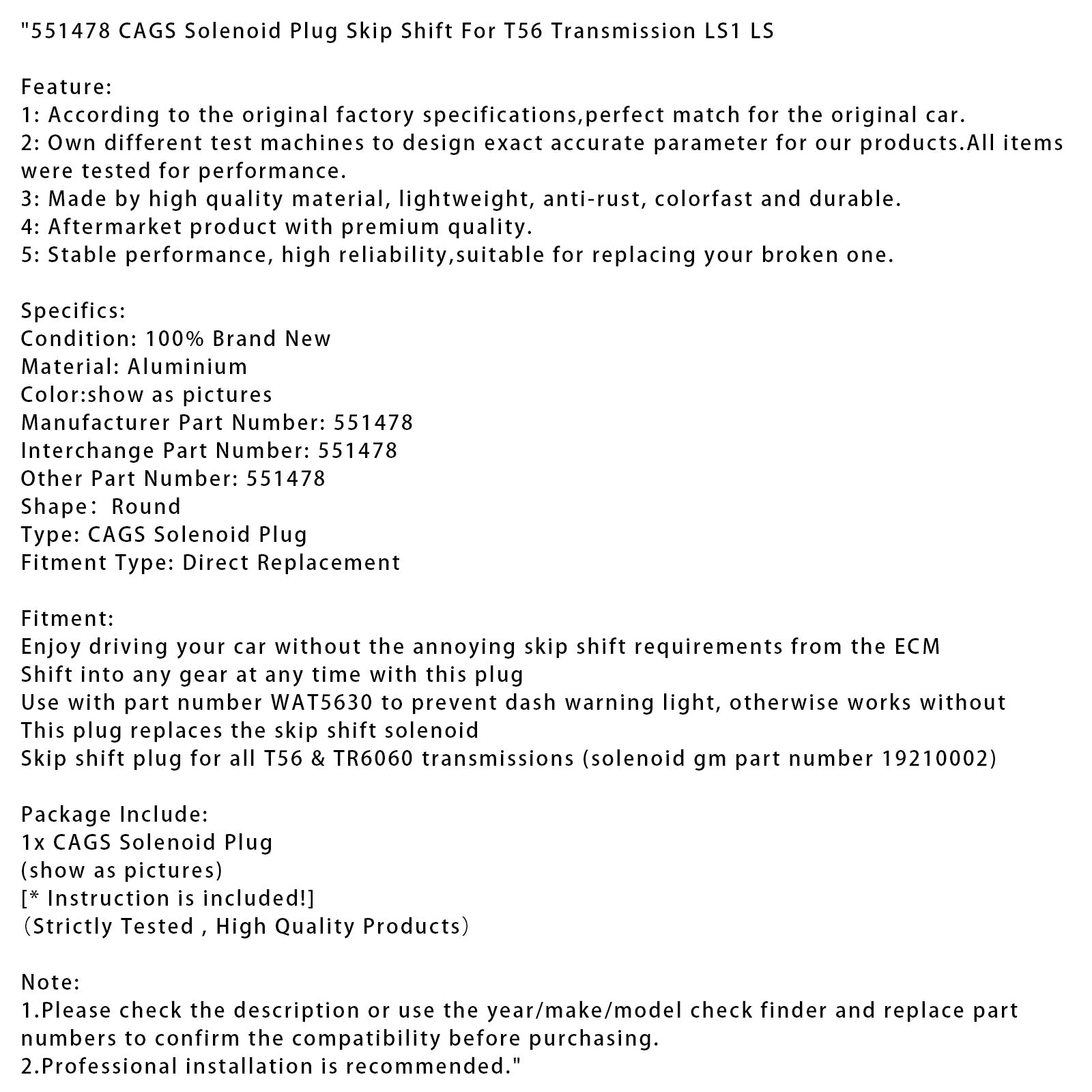 551478 Solenoid Plug Skip Shift For T56 Transmission LS1 LS