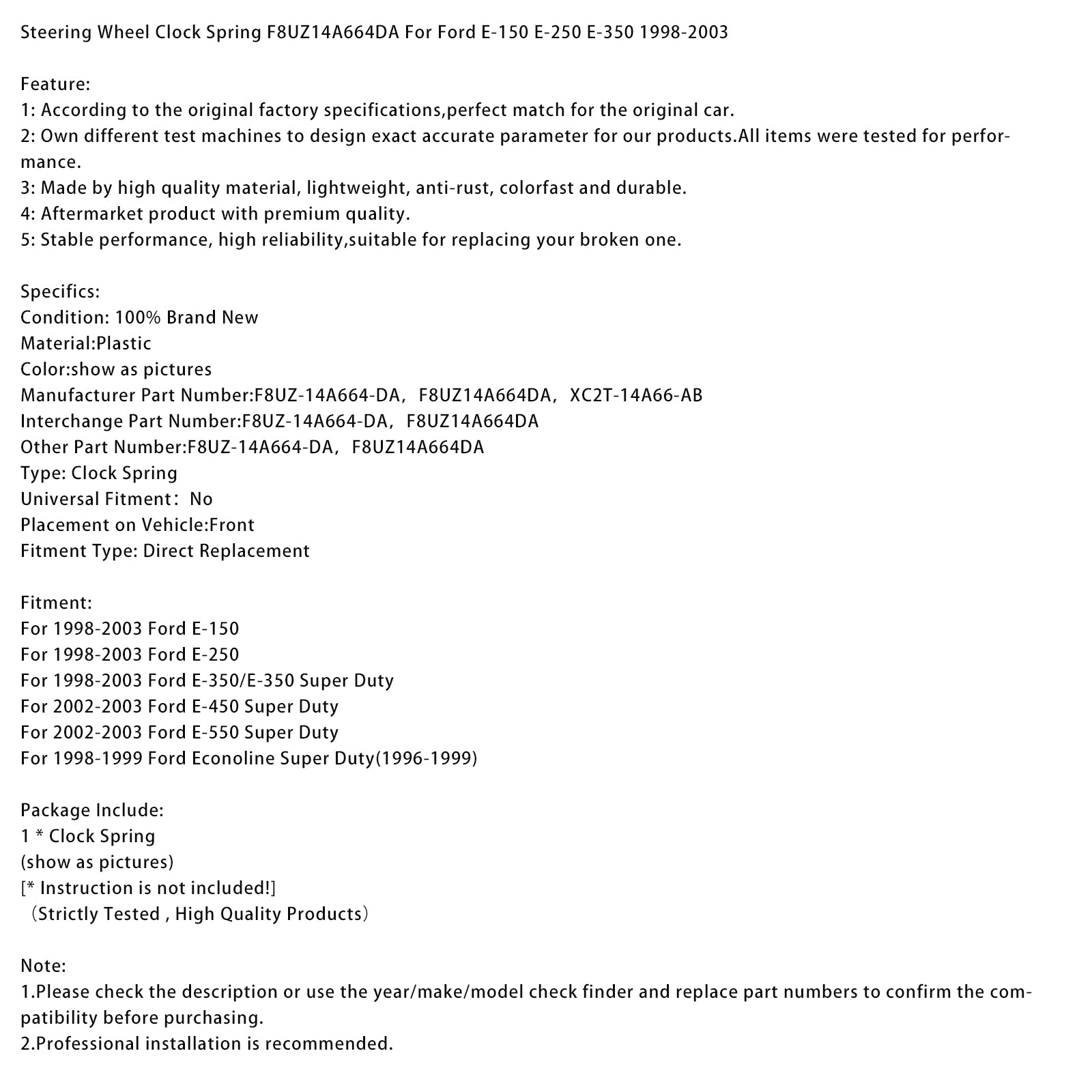 Steering Wheel Clock Spring F8UZ14A664DA For Ford E-150 E-250 E-350 1998-2003