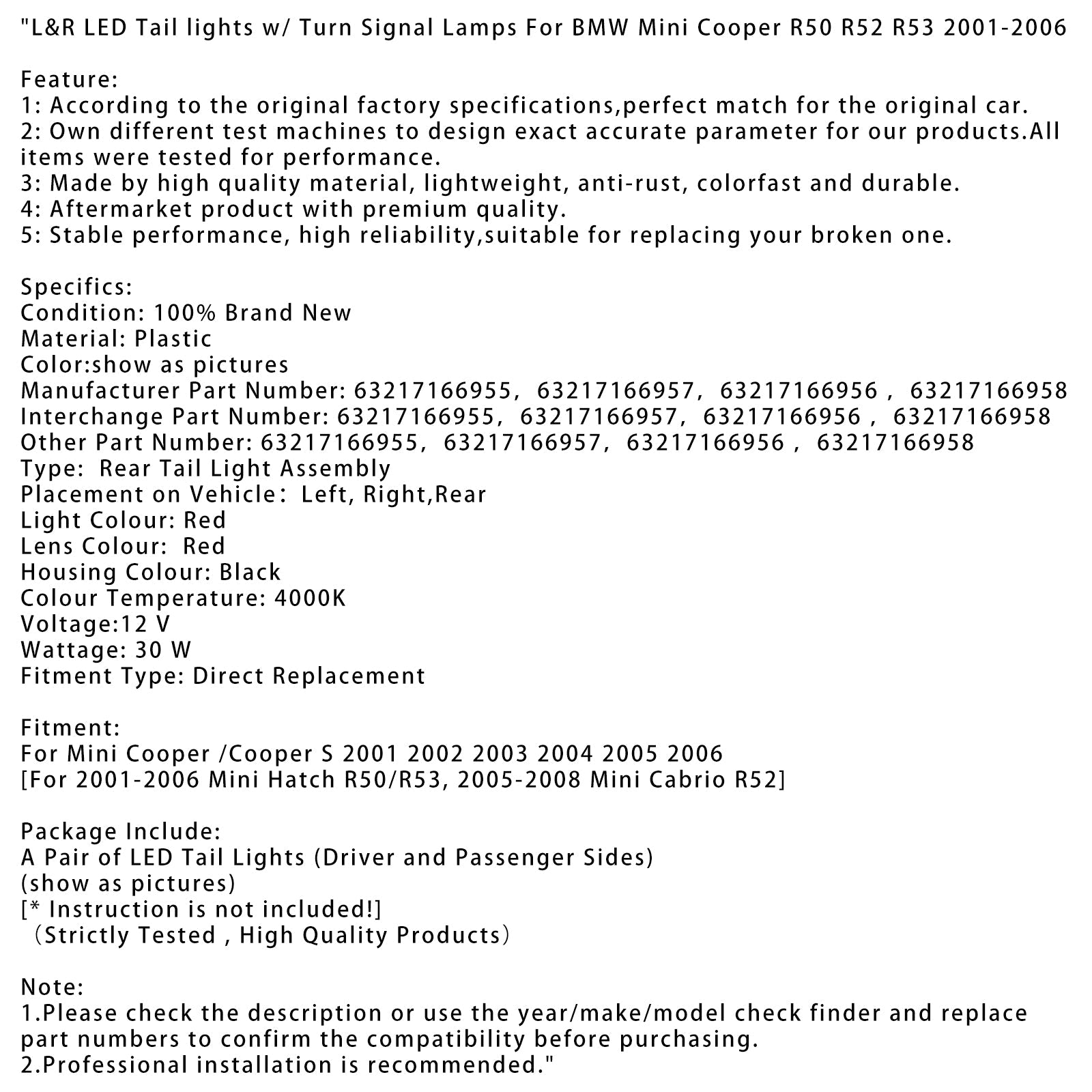 2001 2002 2003 2004 2005 2006 BMW Mini Cooper R50 R52 R53 L&R LED Tail lights w/ Turn Signal Lamps
