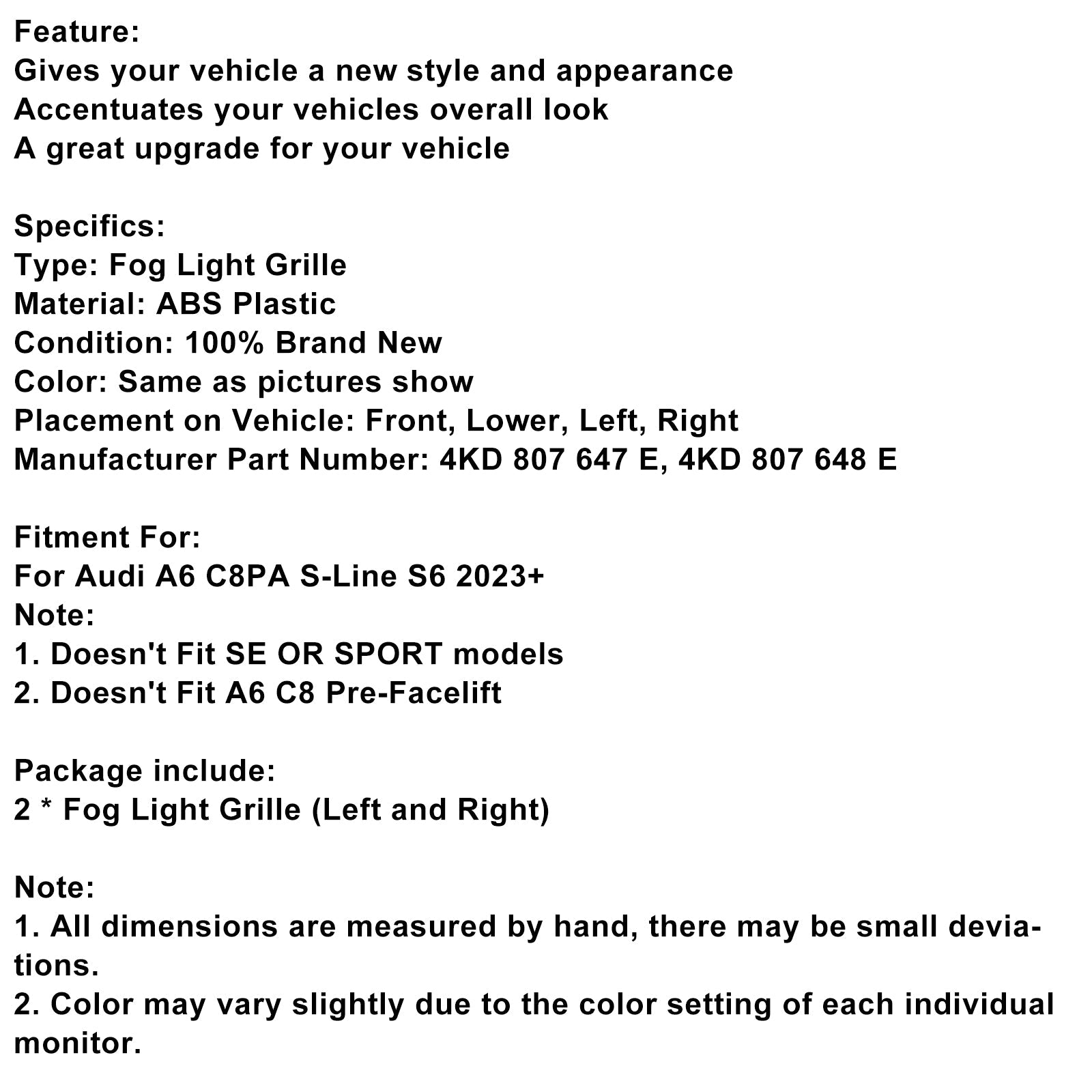 2023+  Audi A6 C8PA S-Line S6 2PCS Front Bumper Fog Light Grille Trim Black Chrome