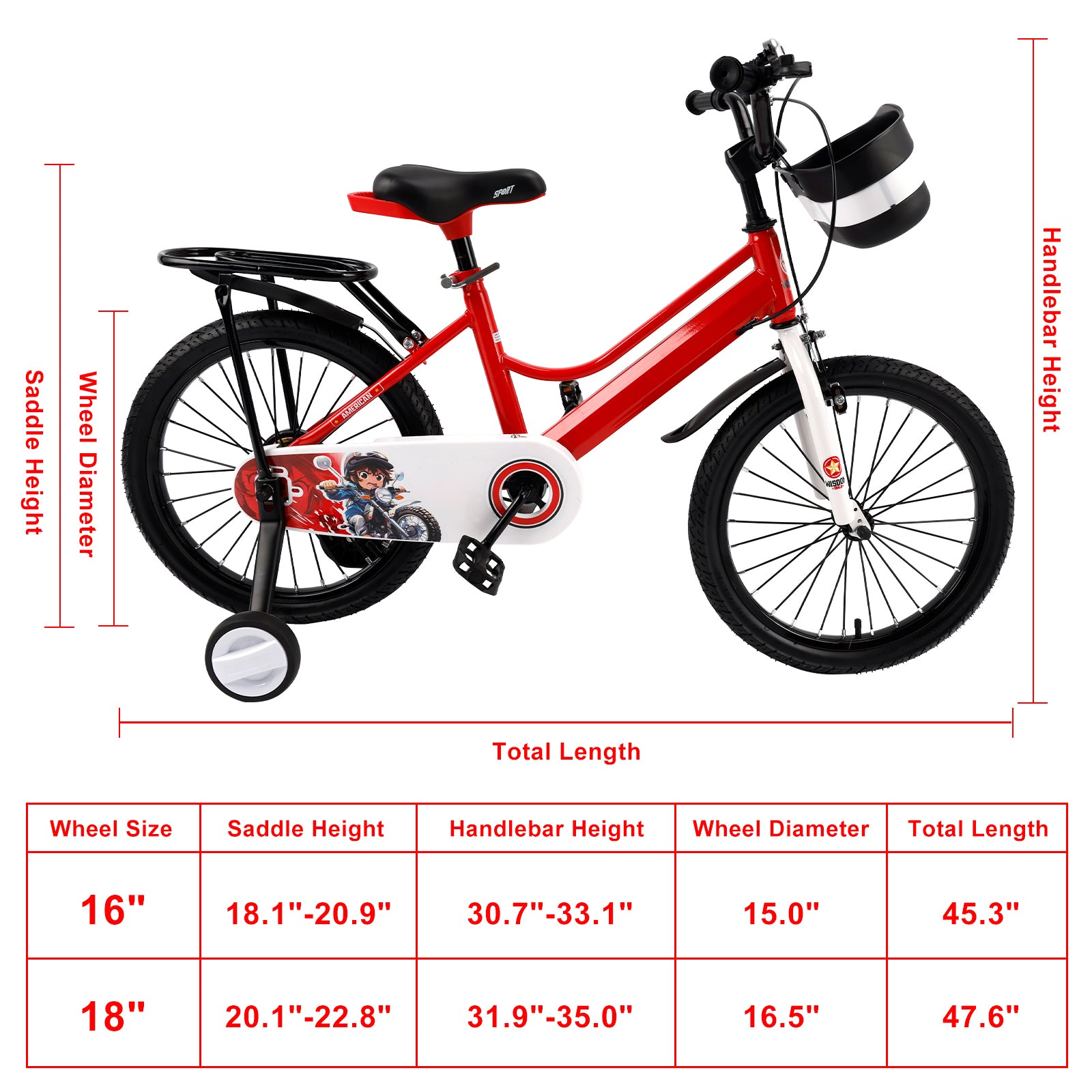 18" Kids Bike for Boys and Girls with auxiliary wheels & Rack Red