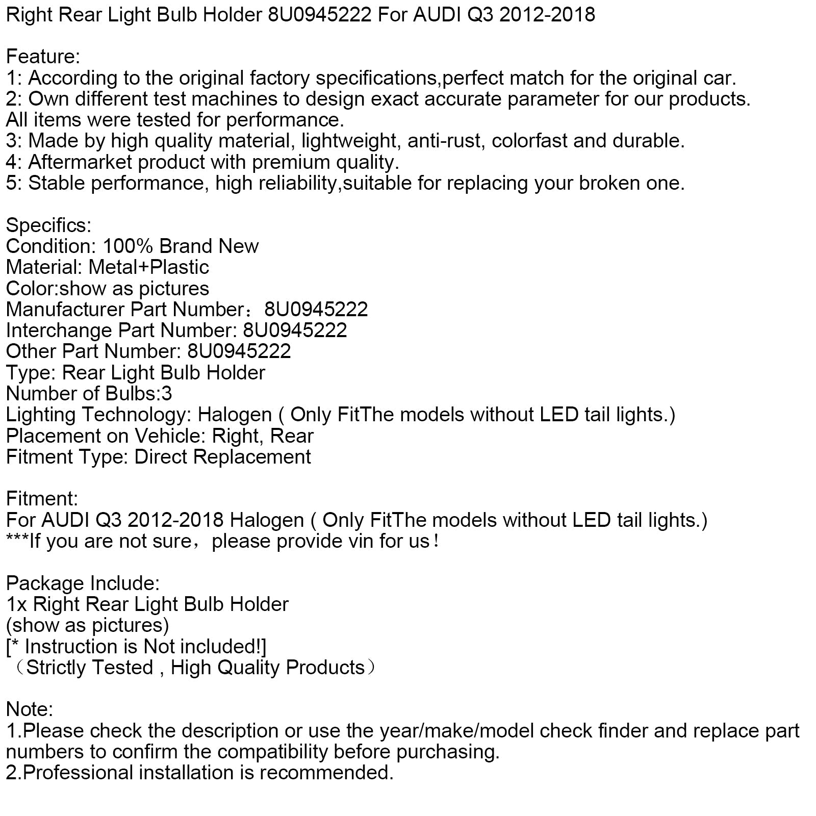 2012-2018 AUDI Q3 Right Rear Light Bulb Holder 8U0945222