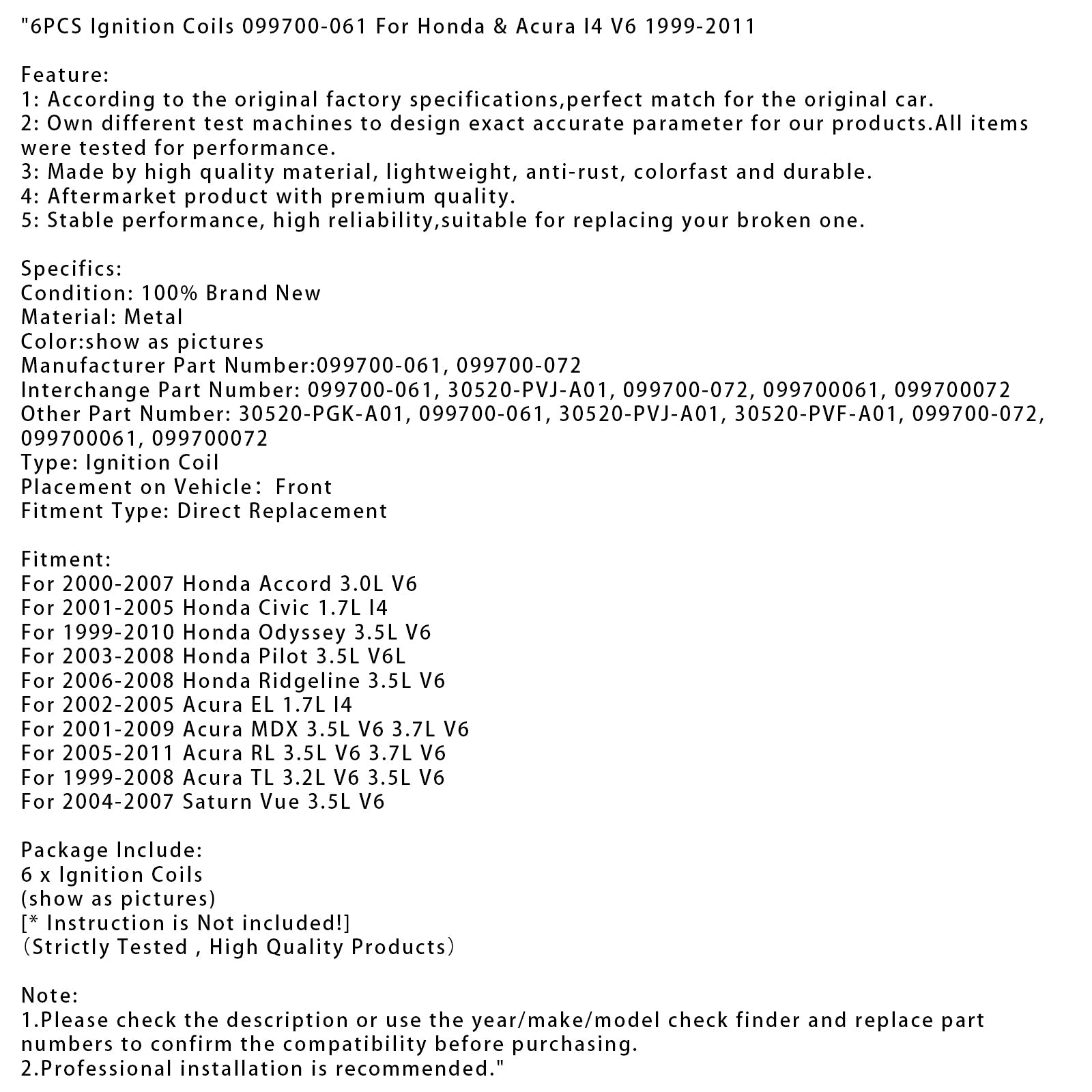 2001-2005 Honda Civic 1.7L I4 6PCS Ignition Coils 099700-061 099700-072