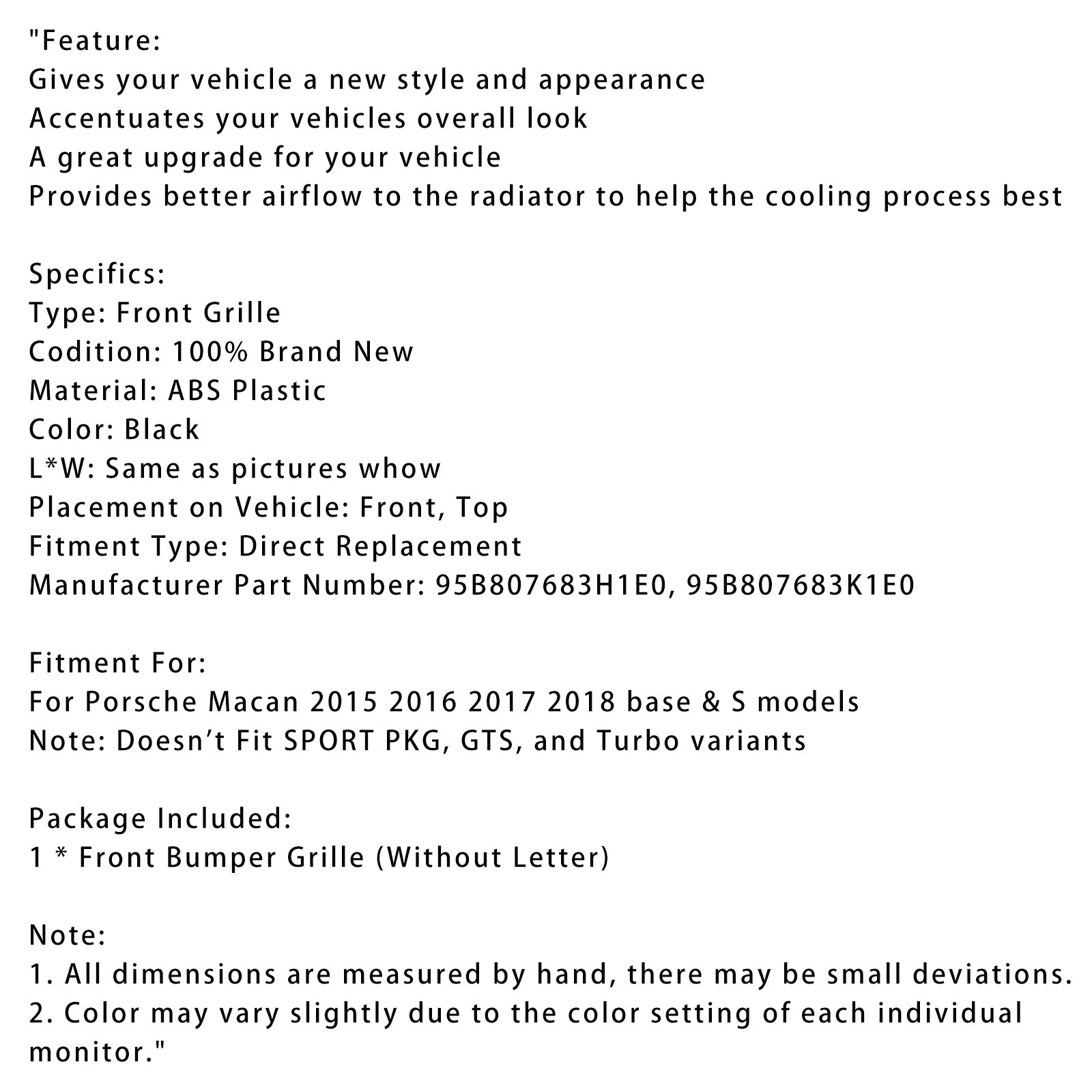 블랙 프론트 범퍼 그릴 95B807683H1E0 포르쉐 마칸 2015-2018에 적합