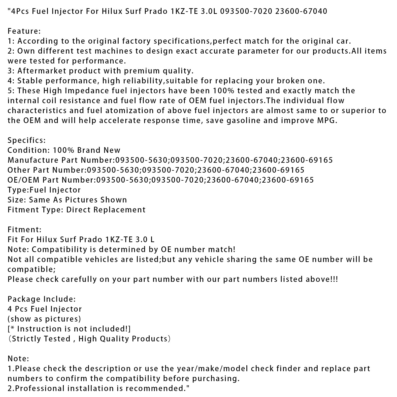 4Pcs Fuel Injector For Hilux Surf Prado 1KZ-TE 3.0L 093500-7020 23600-67040