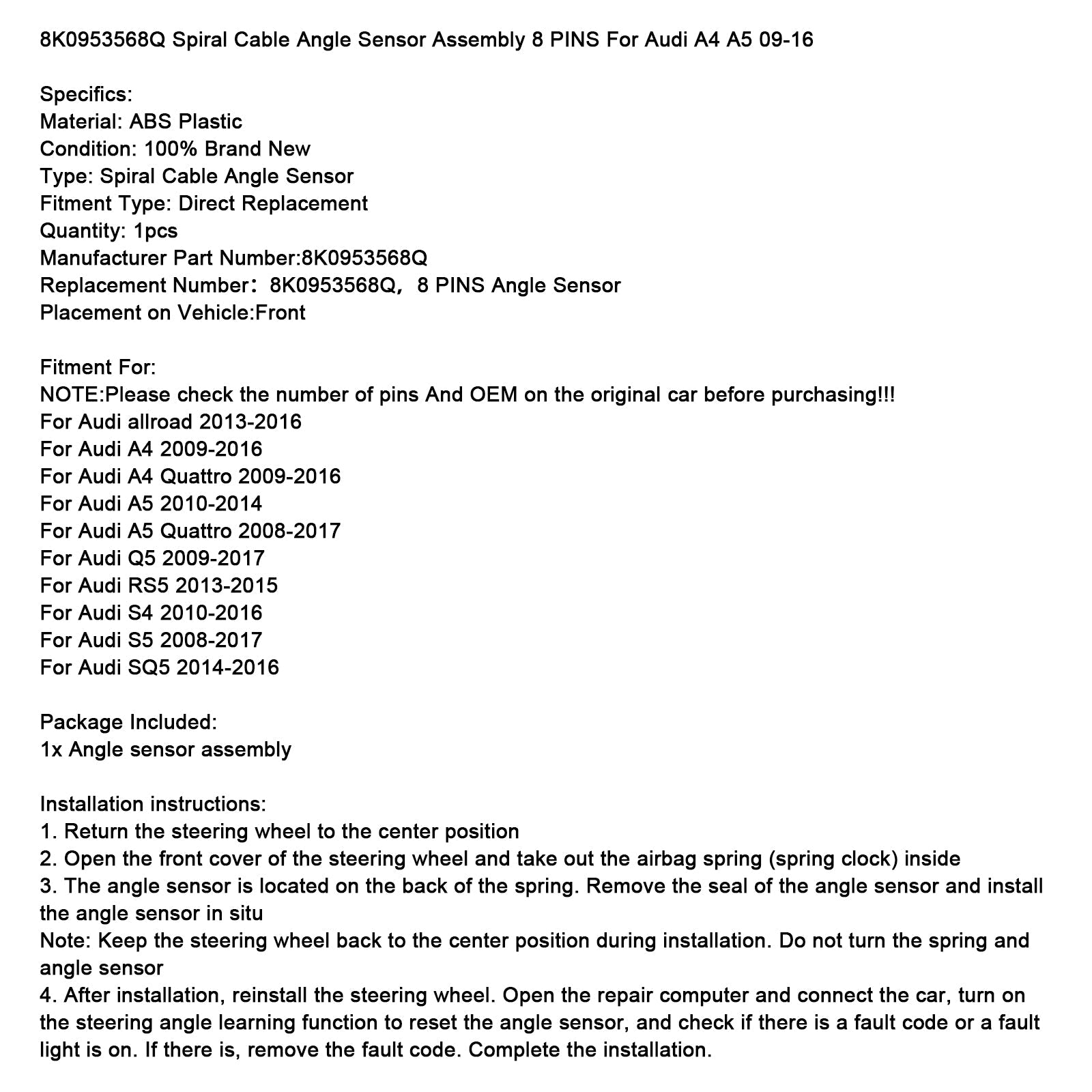 2010-2014 Audi A5 Spiral Cable Angle Sensor Assembly 8 PINS 8K0953568Q