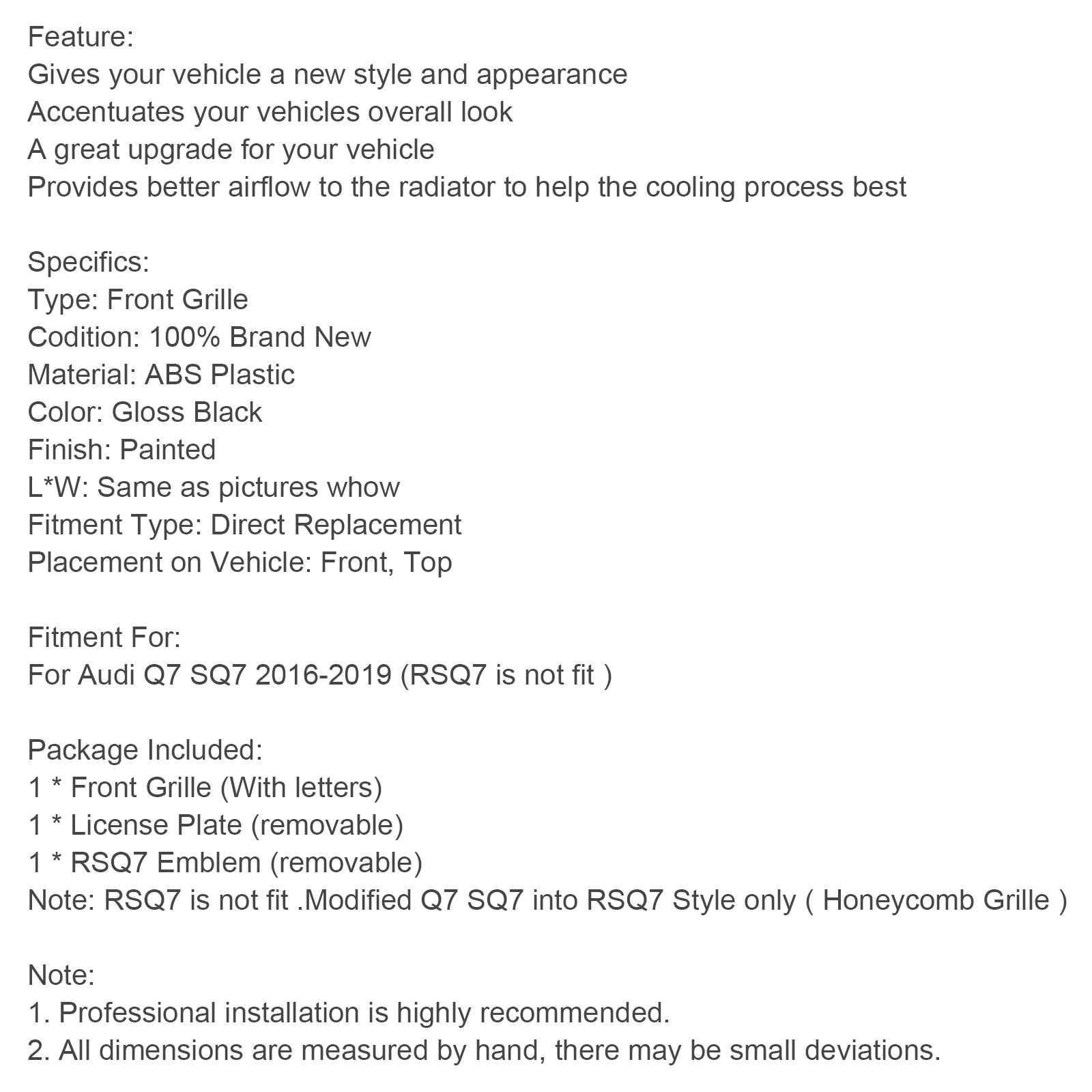 Gloss Black Front Bumper Radiator Vent Mesh Grille Grill Fit Audi Q7 2016-2019