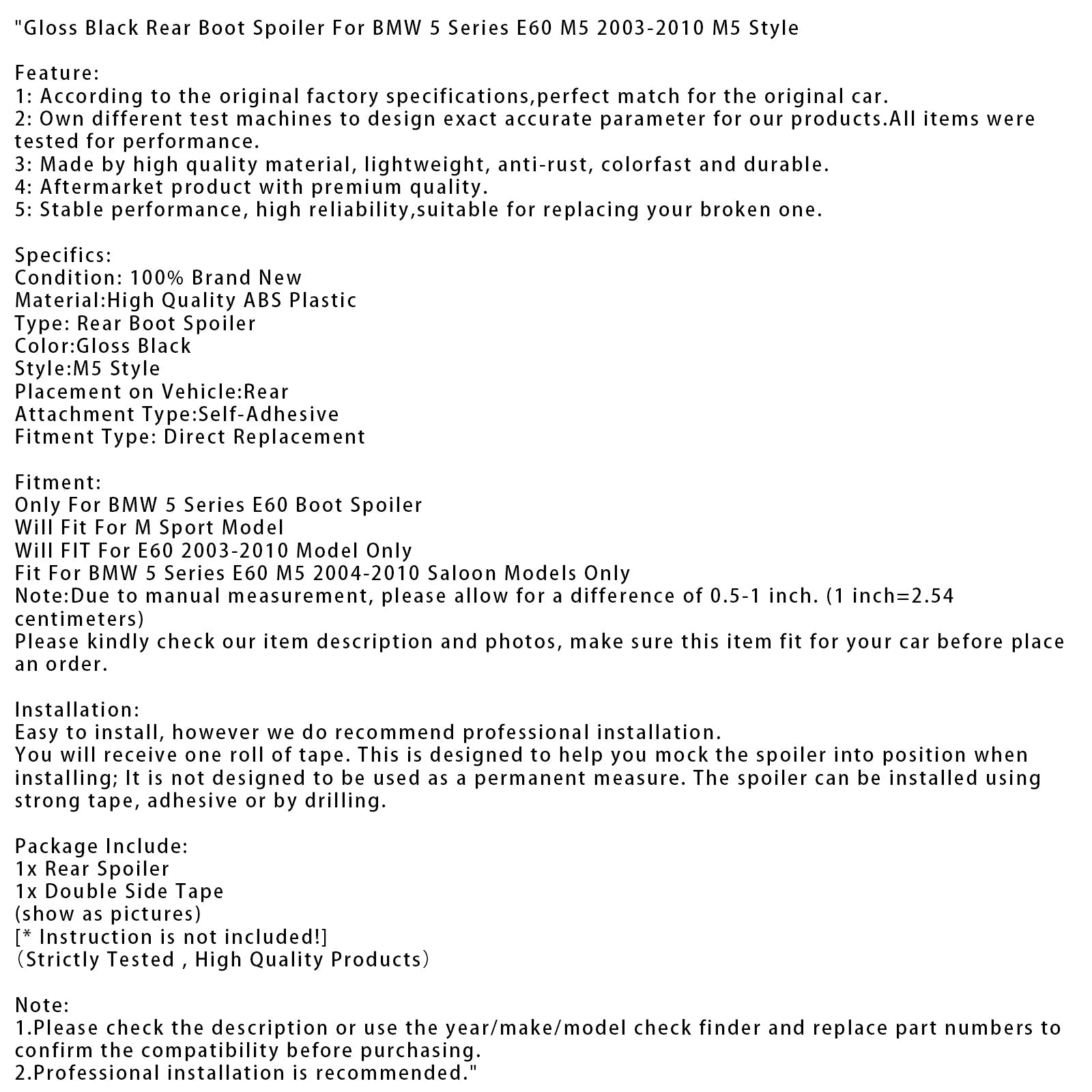 2003-2010 BMW 5 Series E60 M5 M5 Style Gloss Black Rear Boot Spoiler