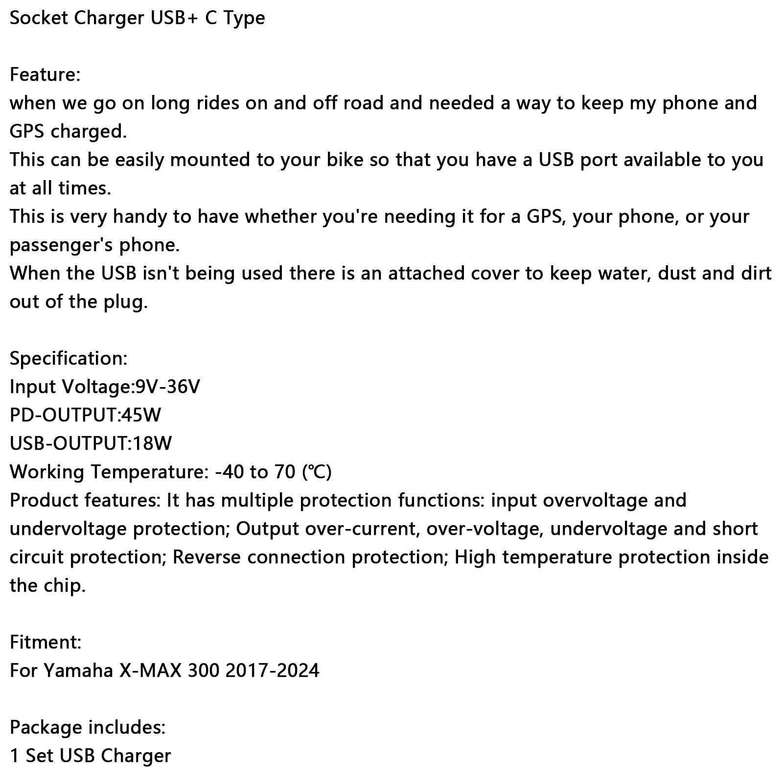 2017-2025 Yamaha X-MAX 300 12V Socket Charger USB+C Type Quick