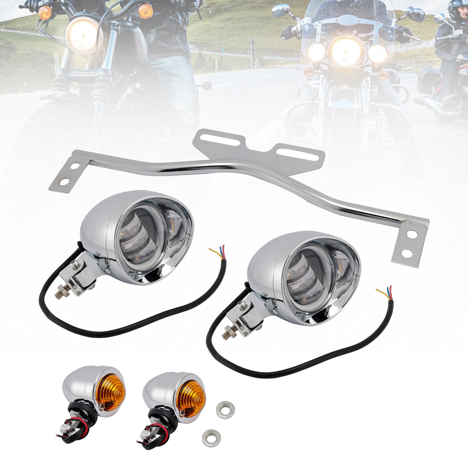Motorcycle Beam Headlight Fog Lamp Custom Chrome #D21 For Racer Bobber Chopper