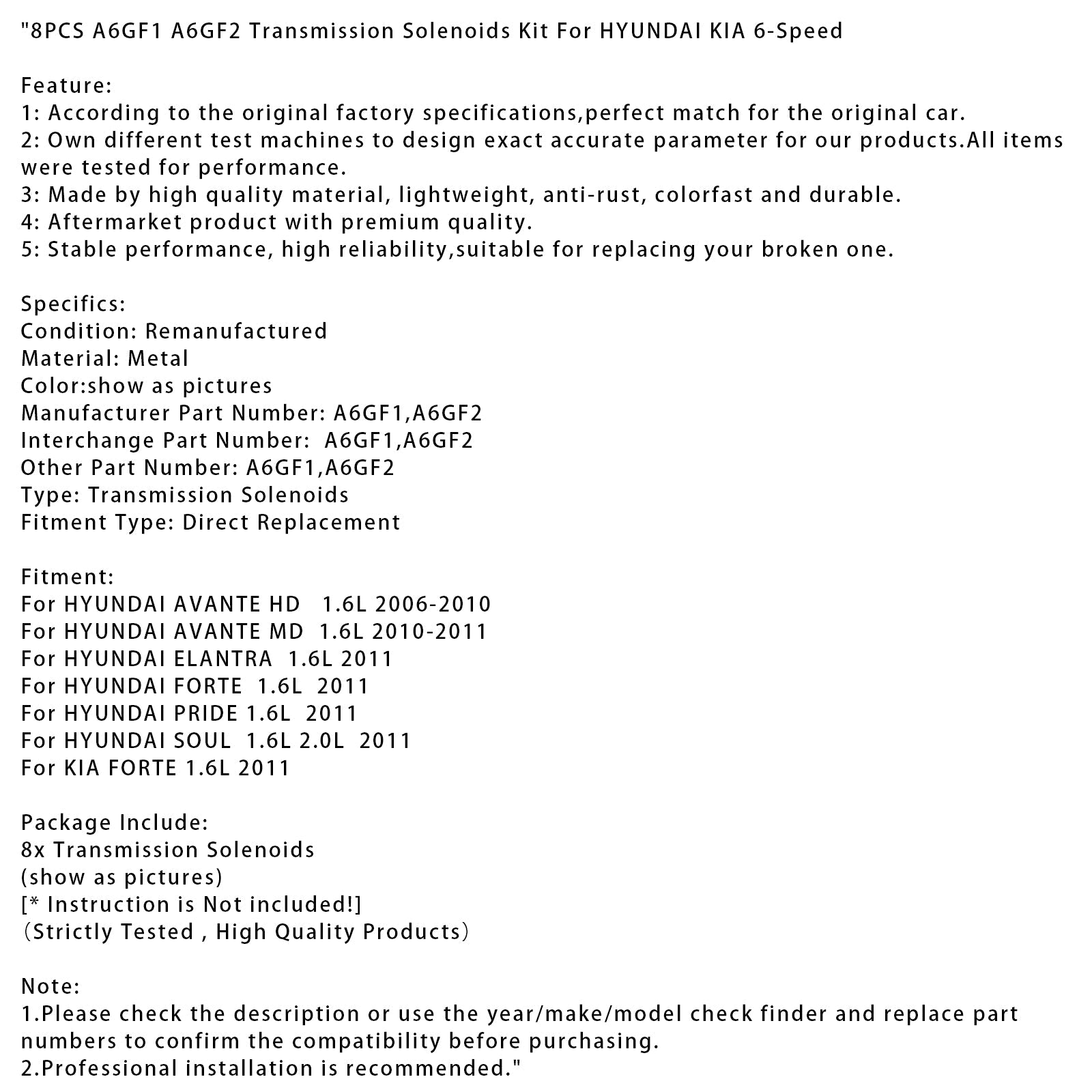 8PCS A6GF1 A6GF2 Transmission Solenoids Kit For HYUNDAI KIA 6-Speed