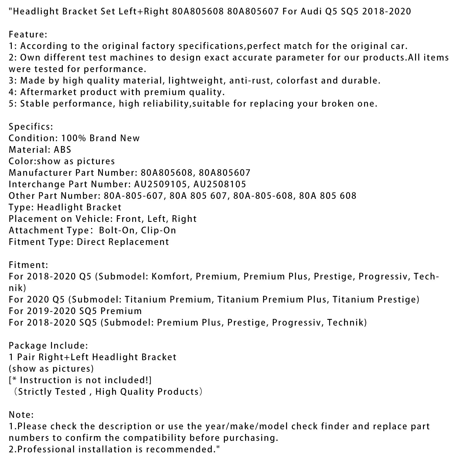 Audi Q5 SQ5 2018-2020용 헤드라이트 브라켓 세트 좌우 80A805608 80A805607