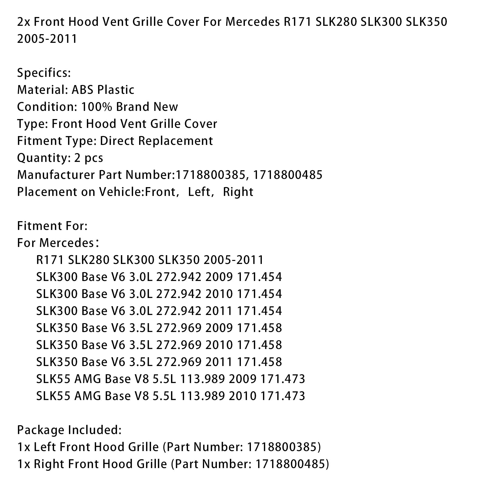 2x Front Hood Vent Grille Cover For Mercedes R171 SLK280 SLK300 SLK350 2005-2011