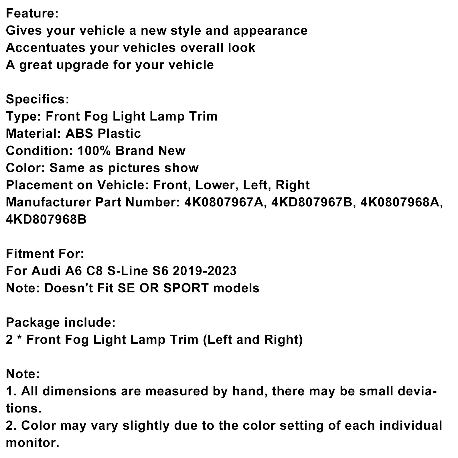 2019-2023 Audi A6 C8 S-Line S6 2PCS Front Fog Light Lamp Trim Gray