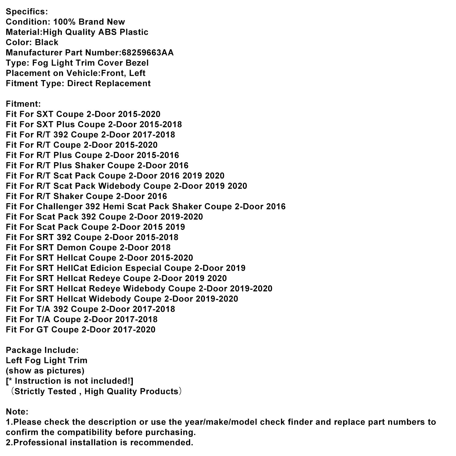 Left Front Fog Light Trim For Dodge Challenger 2015-2021 68259663AA
