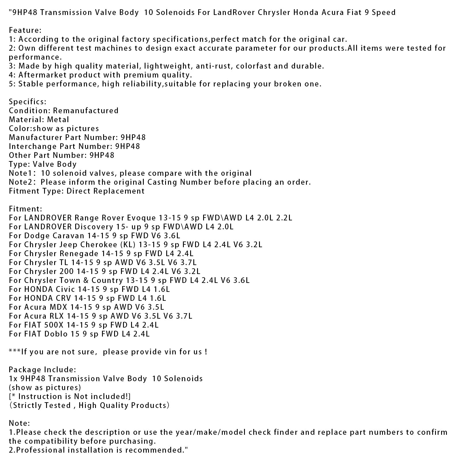 2014-2015 Acura RLX AWD V6 3.5L V6 3.7L 9HP48 Transmission Valve Body 10 Solenoids 9 Speed