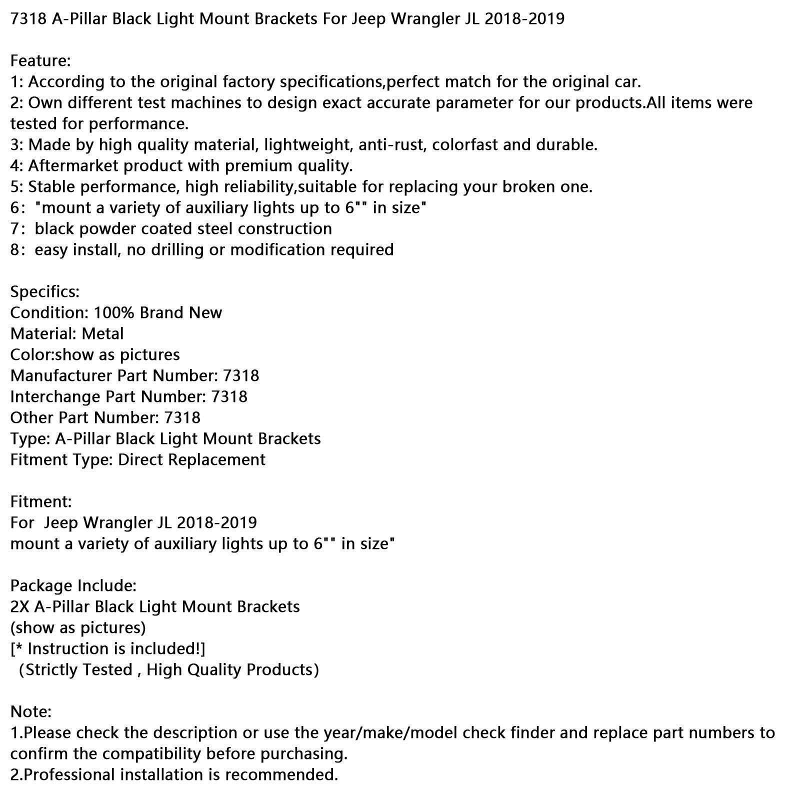 2018-2019Jeep Wrangler JL 7318 A-Pillar Black Light Mount Brackets