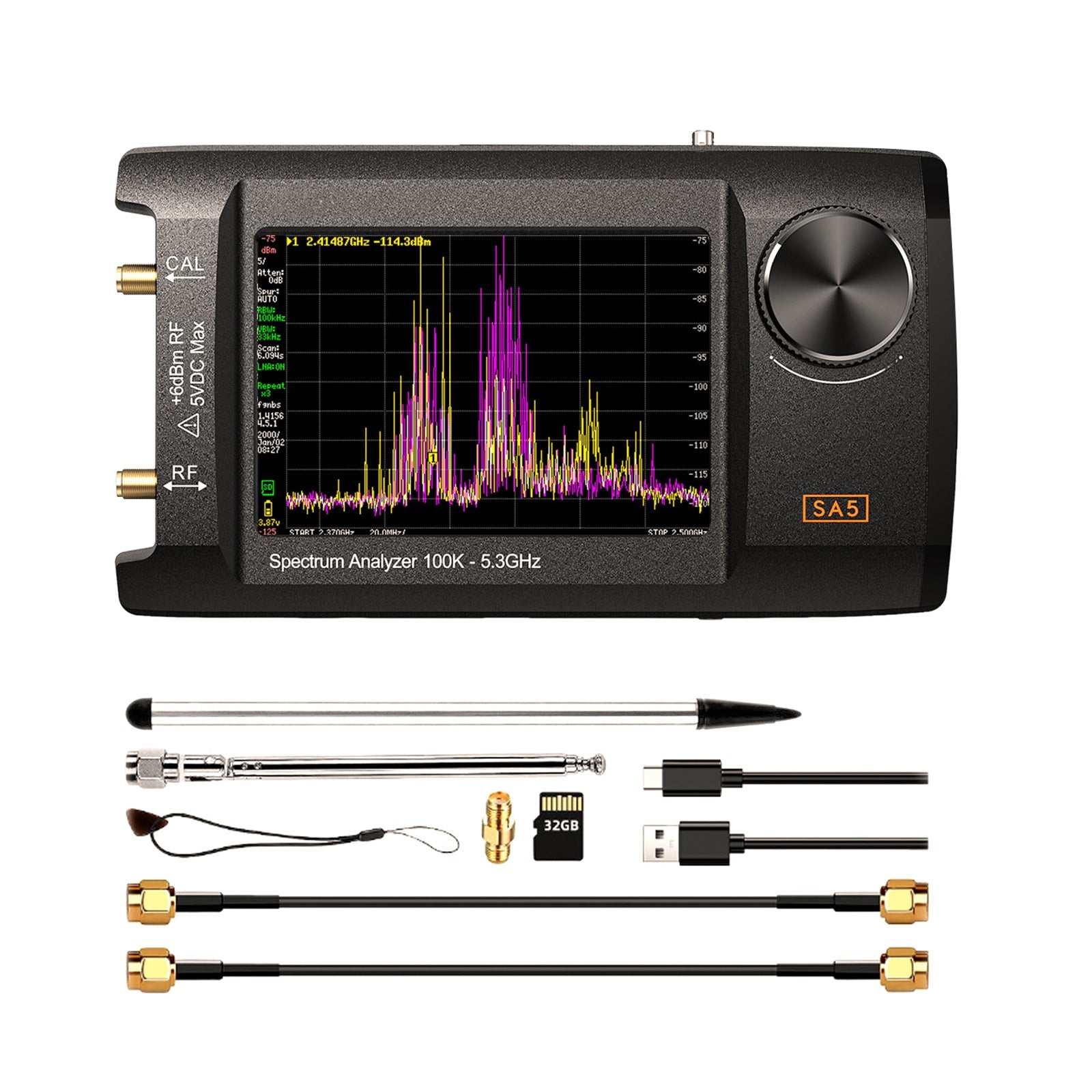 4" IPS LCD SA5 Multifunctionl Spectrum Analyzer 100k-5.3GHz Signal Generator