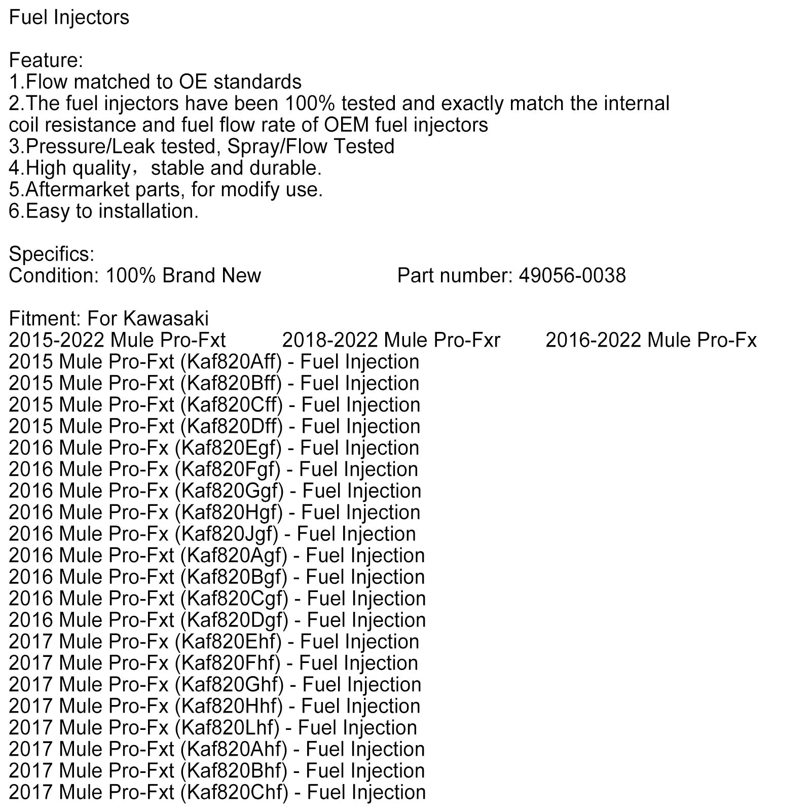 3PCS 49056-0038 Fuel Injector For Kawasaki Mule PRO FX FXR FXT KAF820 KAF820 EPS