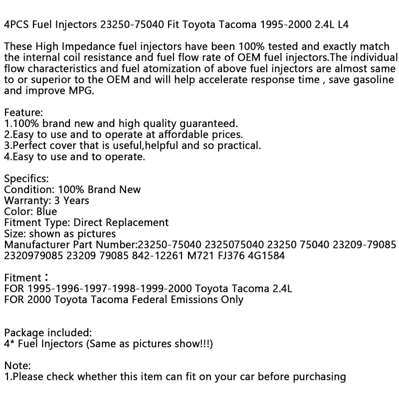 4 inyectores de combustible 23250-75040 compatibles con Toyota Tacoma 1995-2000 2.4L L4