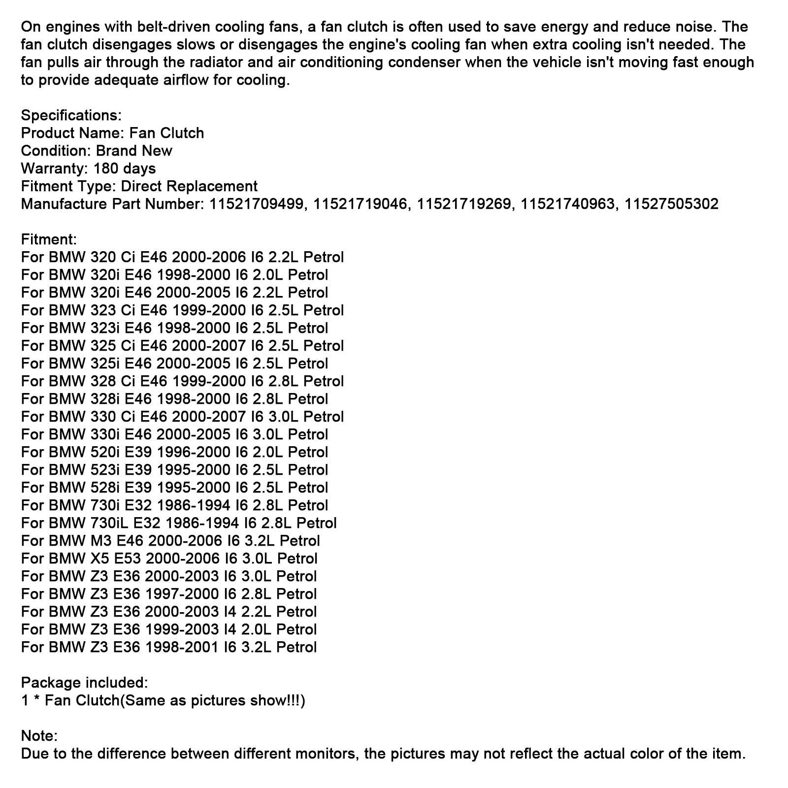 Radiator Cooling Fan Clutch 11521719269 Fit BMW E34 E36 E38 E39 E46 E53 X5