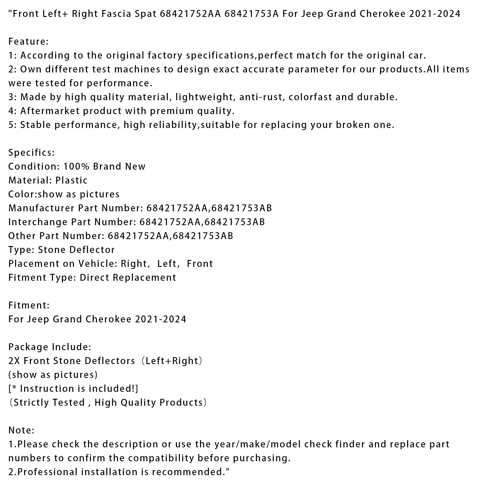 2021-2024 Jeep Grand Cherokee Front Left+ Right Fascia Spat 68421752AA 68421753A 68421753AB